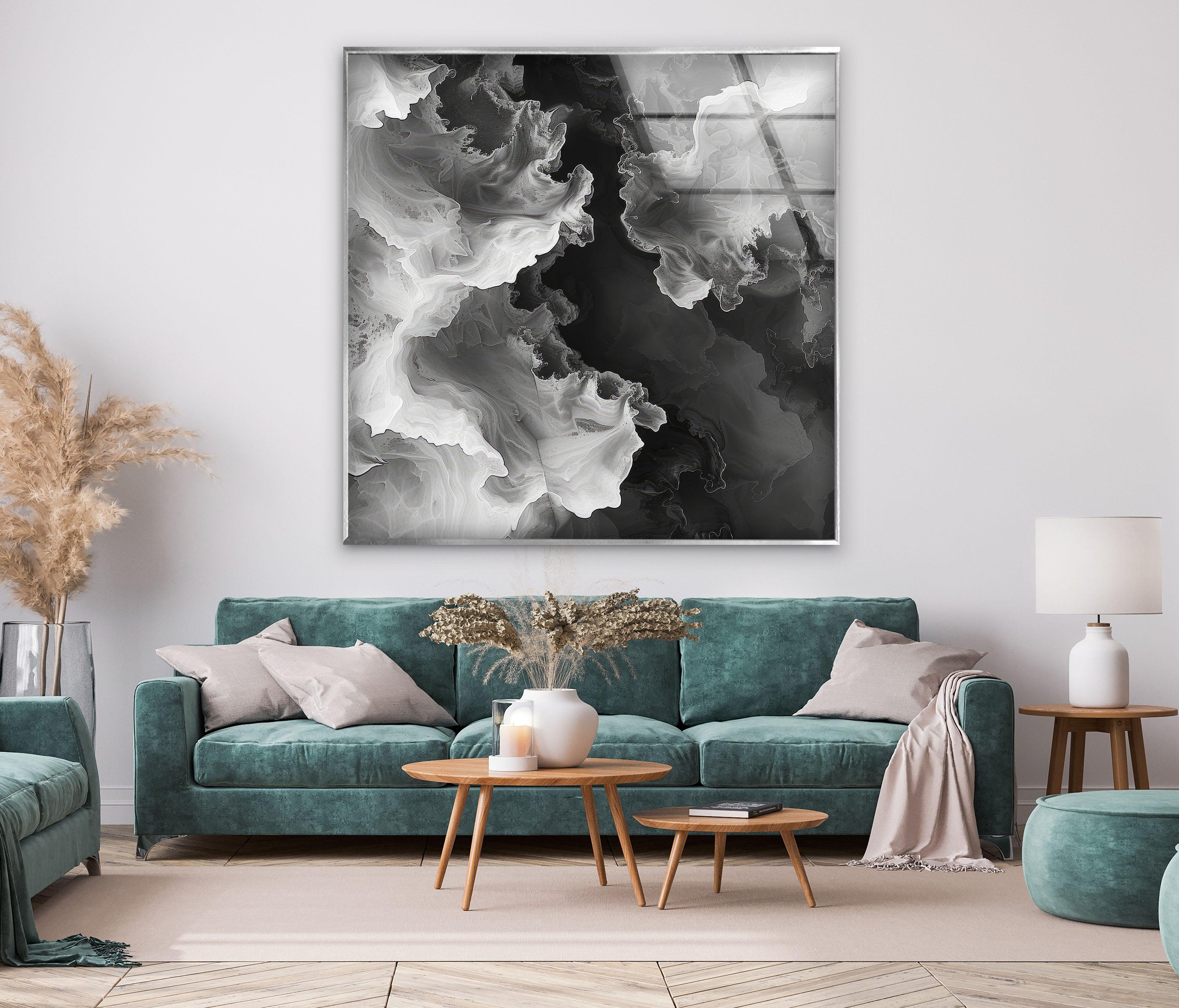 Modern Black & White Abstract Wave Glass Wall Art - Handmade Contemporary Home Decor for Living Room, Bedroom & Office