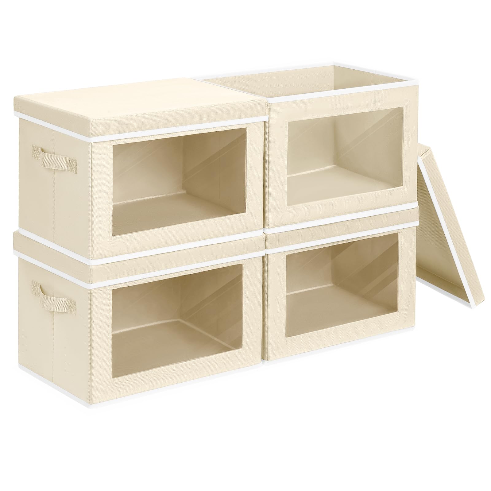 Clear Window Fabric Storage Boxes with Lids - 4 Pack Large Decorative Storage Bins with Handles, Linen Closet Organizer for Clothes, Towels & Blankets - Perfect for Bedroom, Closet & Home Organization (Beige)