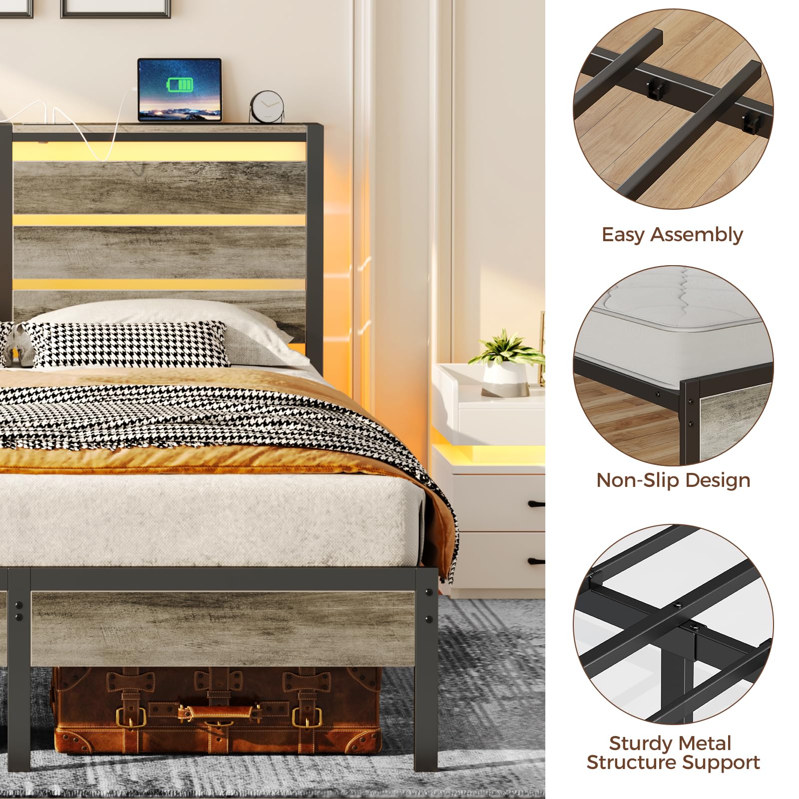 Rolanstar Twin Size Bed Frame with USB Charging & LED Lights - Wood Storage Headboard, Light Grey Metal Platform Bed with Under Bed Storage - No Box Spring Needed, Noise Free - Perfect for Small Bedrooms, Dorms & Apartments