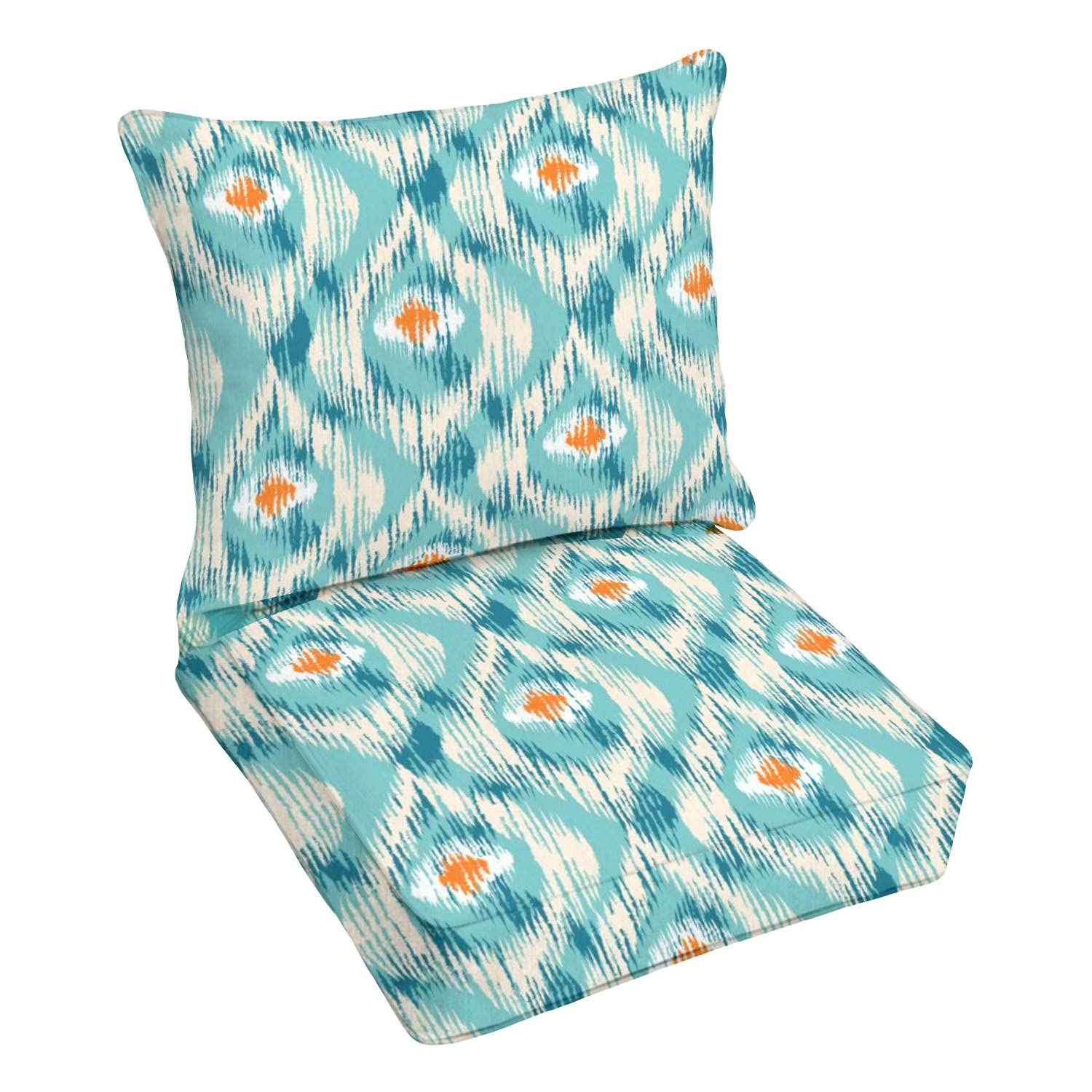 Premium Outdoor Deep Seating Cushion Set - Ikat Pattern with Peacock Feathers Design - Waterproof Replacement Cushions for Patio Furniture, Lounge Chairs & Conversation Sets - Perfect for Backyard, Poolside & Garden Relaxation