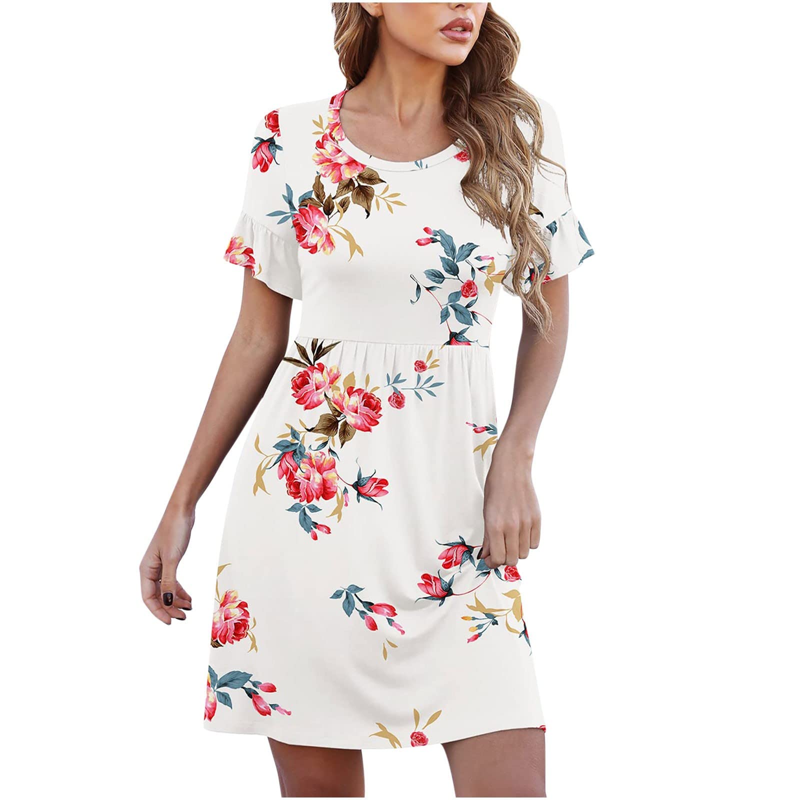 MO Huuan Women's Summer Dresses 2023 - Solid Color Casual Crew Neck Ruffle Short Sleeve Midi Dress with Waist Pleats | Perfect for Beach Vacations, Date Nights & Summer Parties