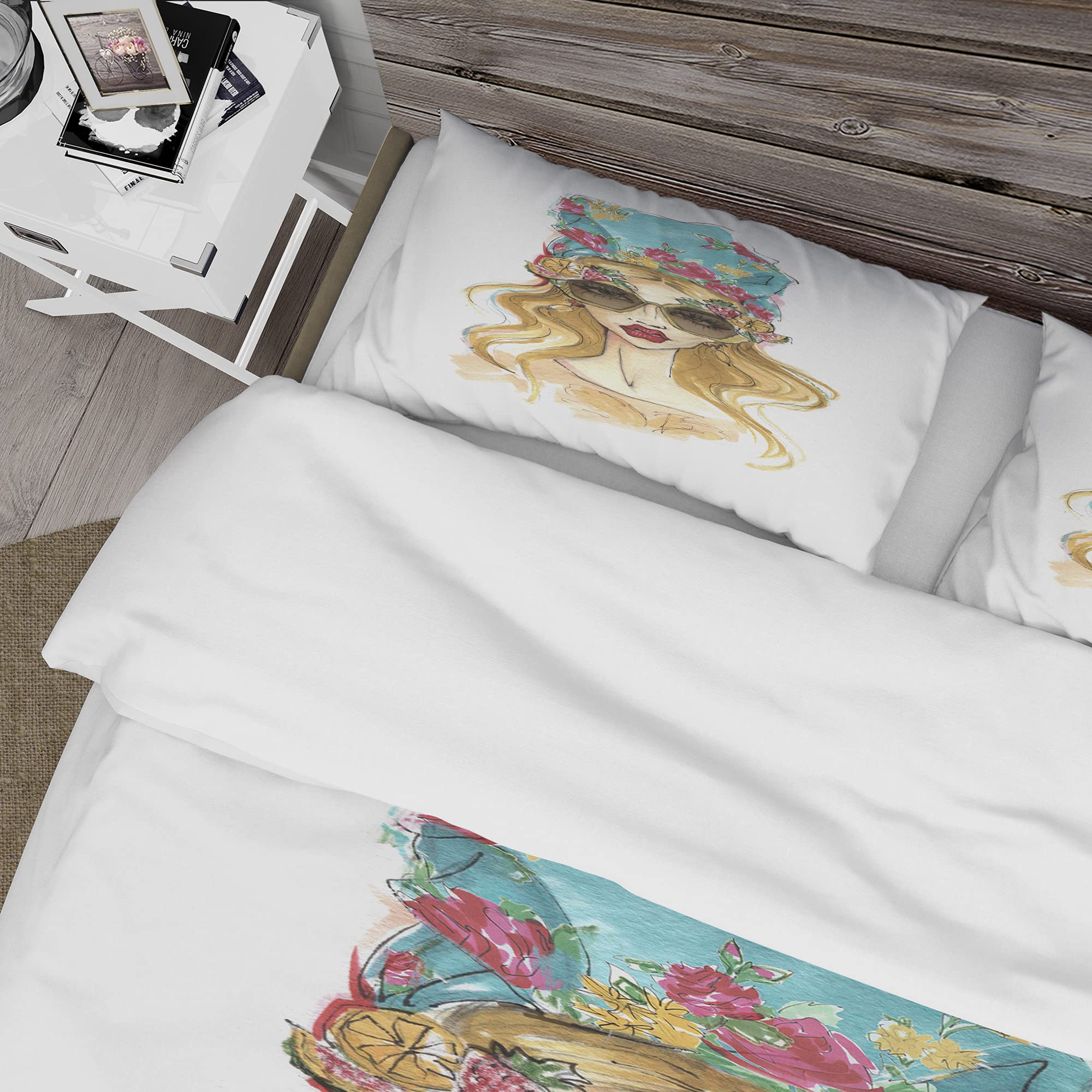 Trendy Sunglasses Girl Print White Duvet Cover Set Queen - 3 Piece Modern Contemporary Bedding Set for Girls & Teens - All Season Soft & Romantic Bedroom Decor for Dorms, Apartments, or Home