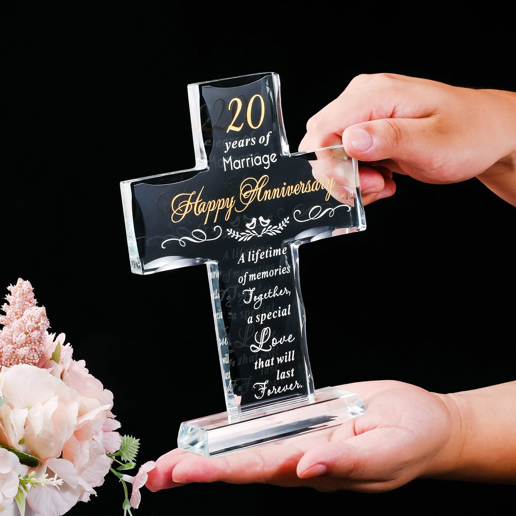 YWHL 20th Anniversary Religious Gifts for Couples - Laser Engraved Glass Standing Cross Keepsake for Him & Her - Thoughtful Christian Wedding Gift for 20th Anniversary - Perfect for Home Decor, Church Altar & Spiritual Celebrations