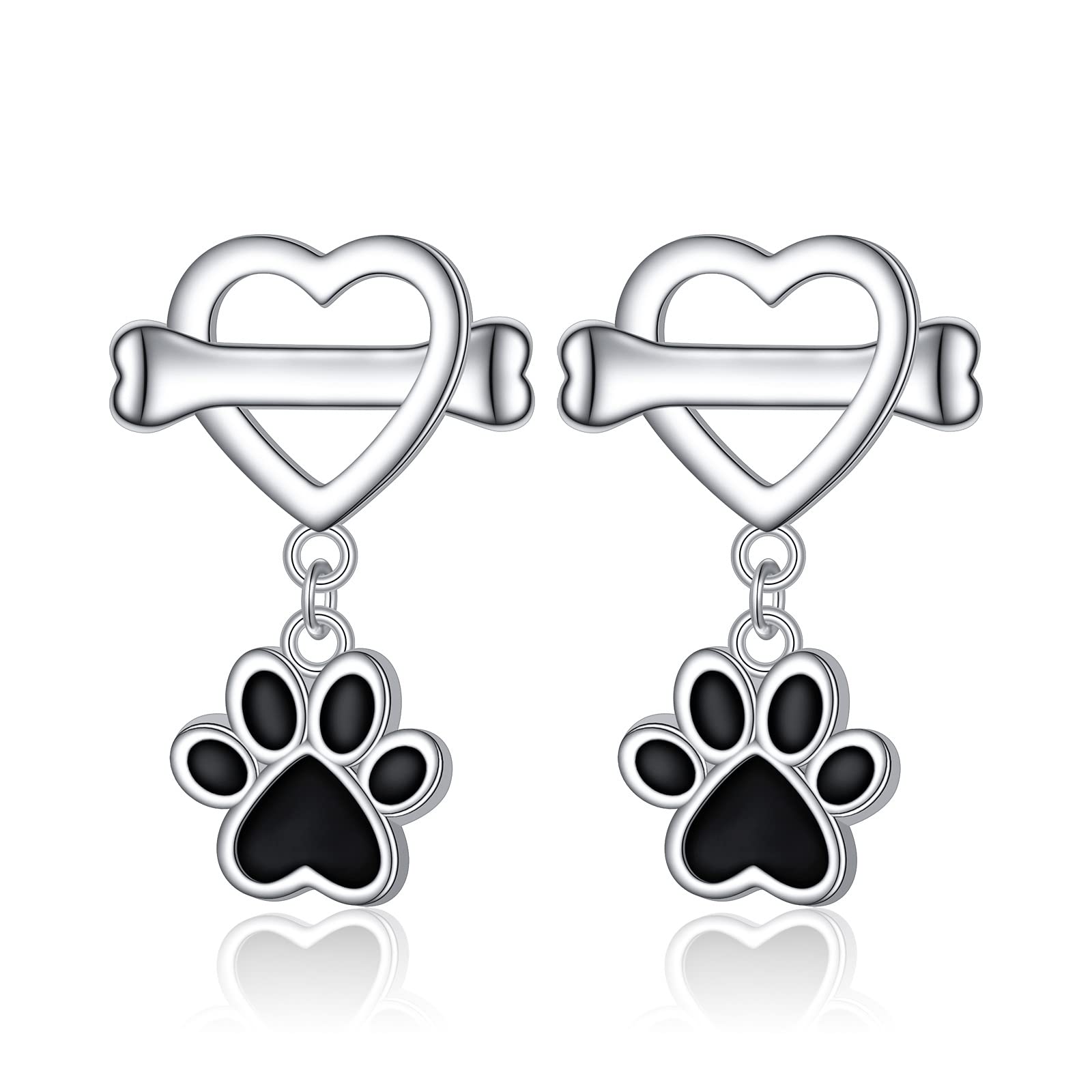 925 Sterling Silver Puppy Dog Bone Heart Paw Print Stud Drop Dangle Earrings for Women & Girls - Perfect Gift for Pet Lovers, Valentine's Day, Birthday & Everyday Wear