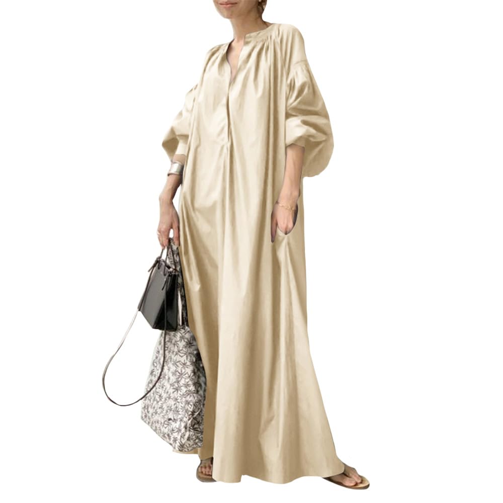 Women's Oversized Lantern Sleeve Maxi Dress - Long Sleeve V-Neck Cotton Shirt Dress with Pockets (Plus Size) | Casual Everyday Wear, Beach Cover-Up, Boho Outfit
