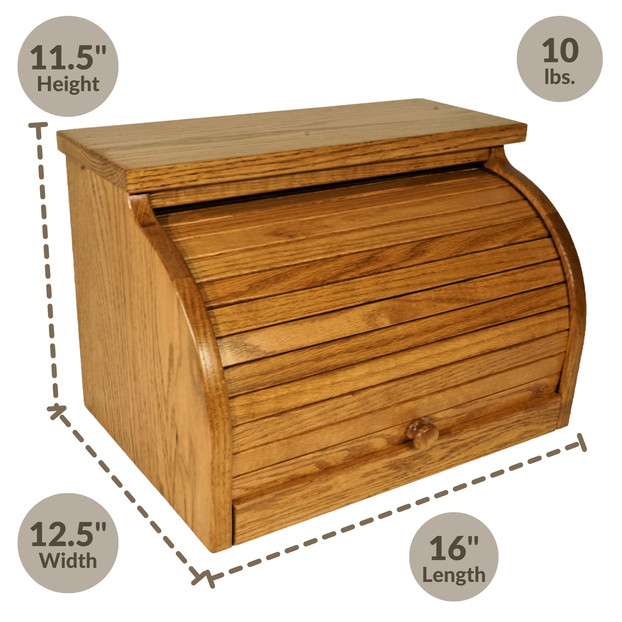 Amish USA Made Solid Oak Bread Box - Large Kitchen Countertop Bread Holder with Chestnut Finish | Perfect for Storing Bread, Baguettes, and Pastries on Your Counter
