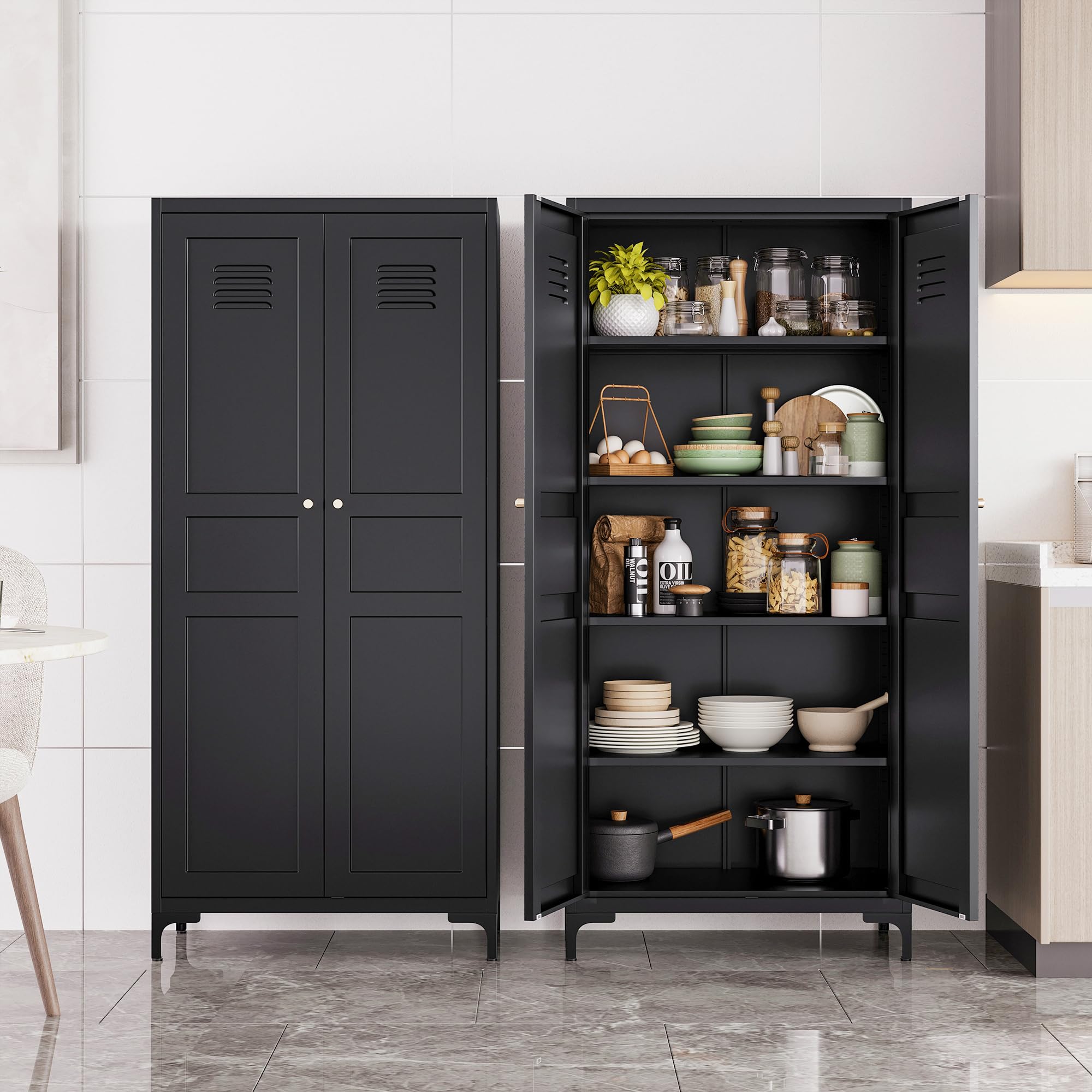 SESESOL Black Metal Storage Cabinet with Doors and Shelves - Tall Large Ventilated Pantry Closet with Legs for Kitchen, Dining Room, Living Room & Laundry Room - Perfect for Organizing Food, Dishes, Linens & Household Supplies
