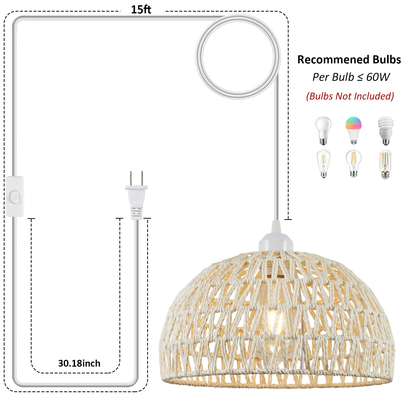 Boho Rattan Pendant Light with 15ft Hemp Rope Cord - Plug in Wicker Basket Lamp Shade for Kitchen Island, Dining Room & Bedroom - Cream Woven Ceiling Light Fixture (Easy Installation, No Hardwiring Needed)