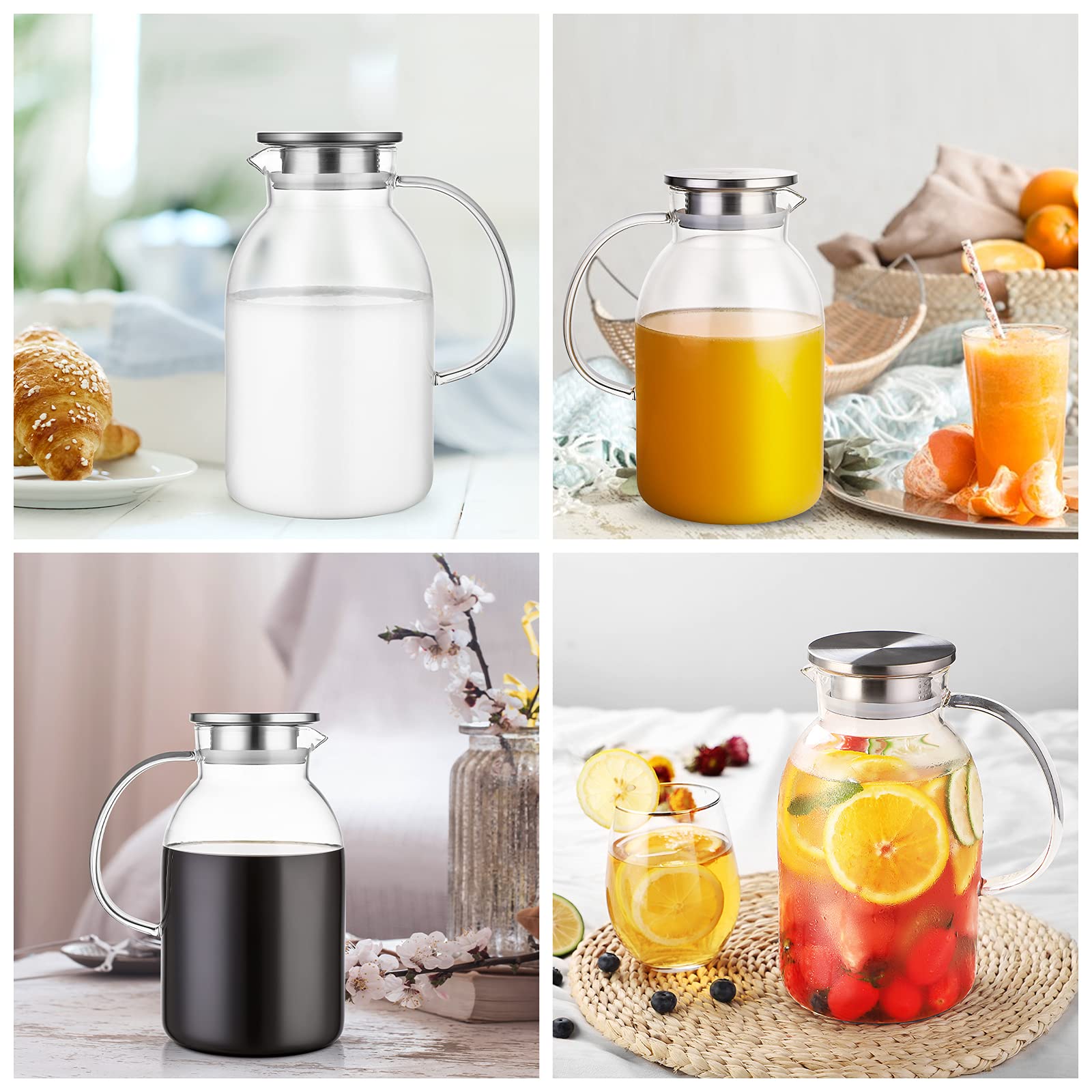 75oz Glass Pitcher with Lid & Free Brush - Heat Resistant Water Pitcher with Spout - Iced Tea, Juice & Beverage Carafe - Perfect for Fridge Storage & Entertaining - BPA-Free Large Capacity Pitcher for Lemonade, Cocktails & Party Drinks