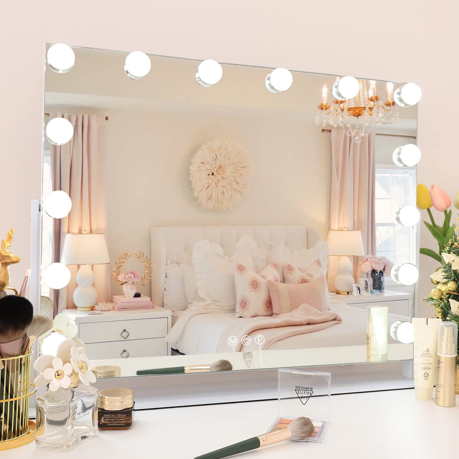 MISAVANITY Hollywood Vanity Mirror with Lights - 10X Magnification Makeup Mirror, 14 Dimmable LED Bulbs & 3 Color Modes, Smart Touch Control, Large Rotating Mirror for Bedroom, Bathroom & Dressing Room (White) - Perfect for Makeup Application, Skincare Routine & Hair Styling