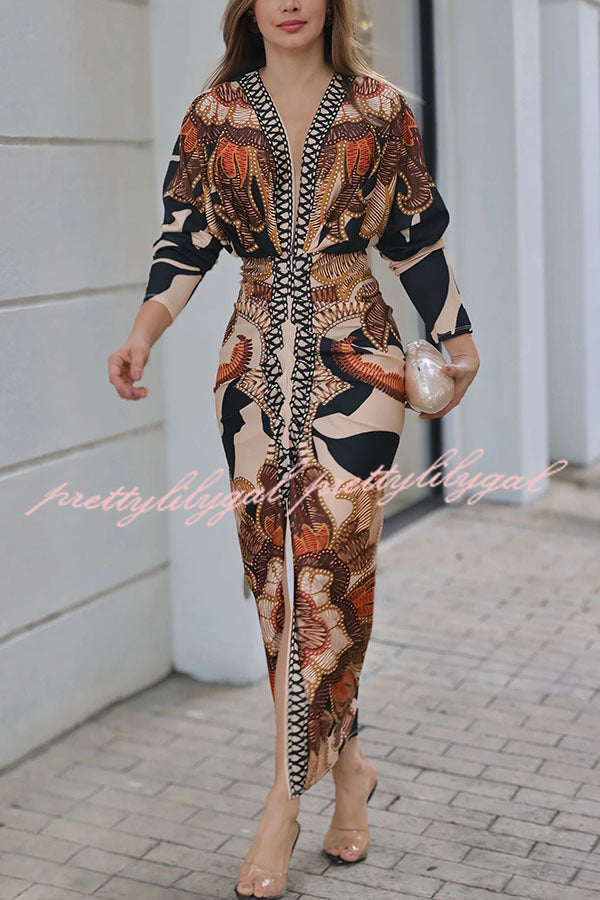 Verra Unique Print Dolman Long Sleeve Ruched Slit Midi Dress for Women | Flowy Boho Chic Dress for Casual Outings, Date Nights & Special Occasions