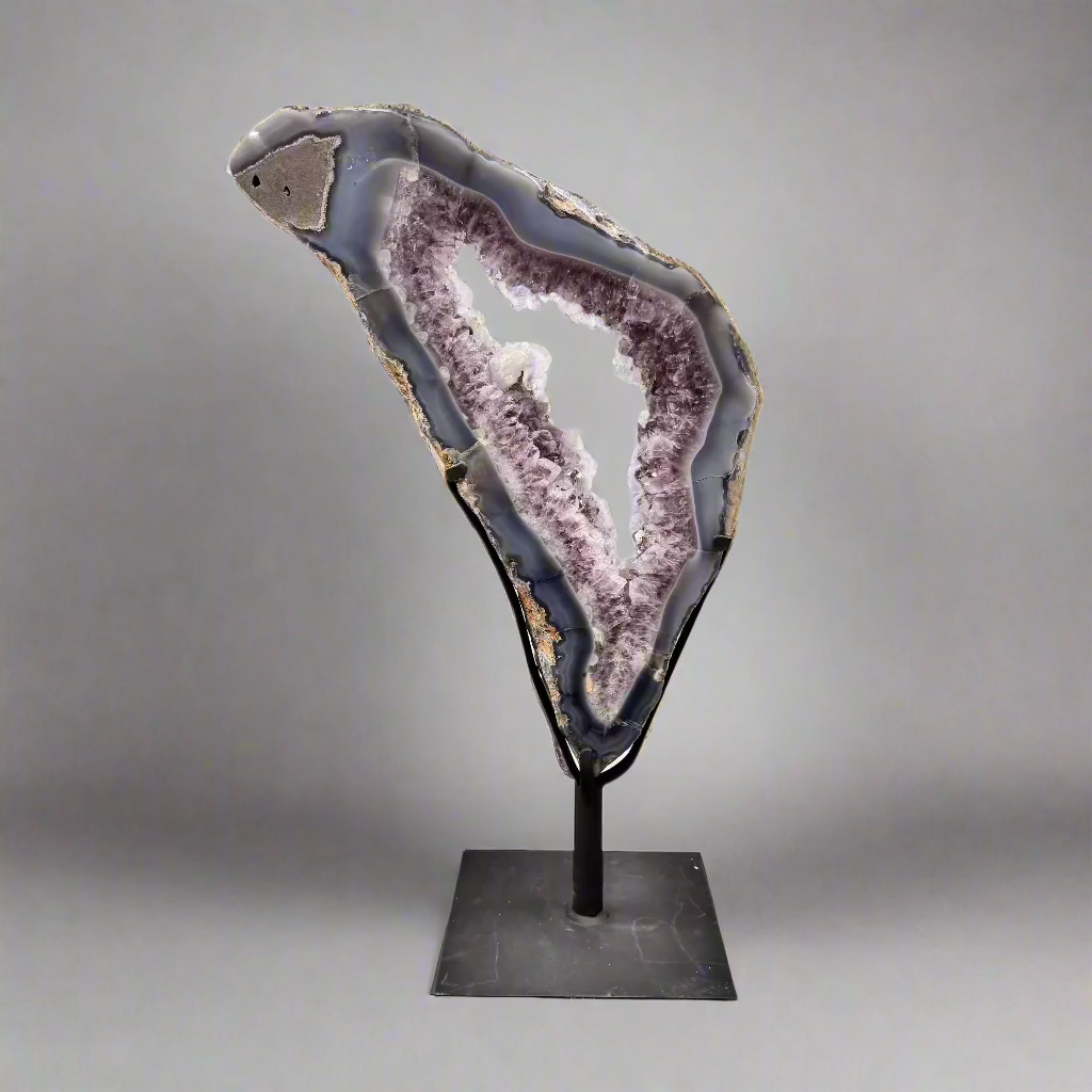 Natural Amethyst Geode Slice Ring from Brazil - Handcrafted Jewelry with Custom Stand (22-15 lbs) - Perfect for Home Decor, Meditation & Healing Crystals