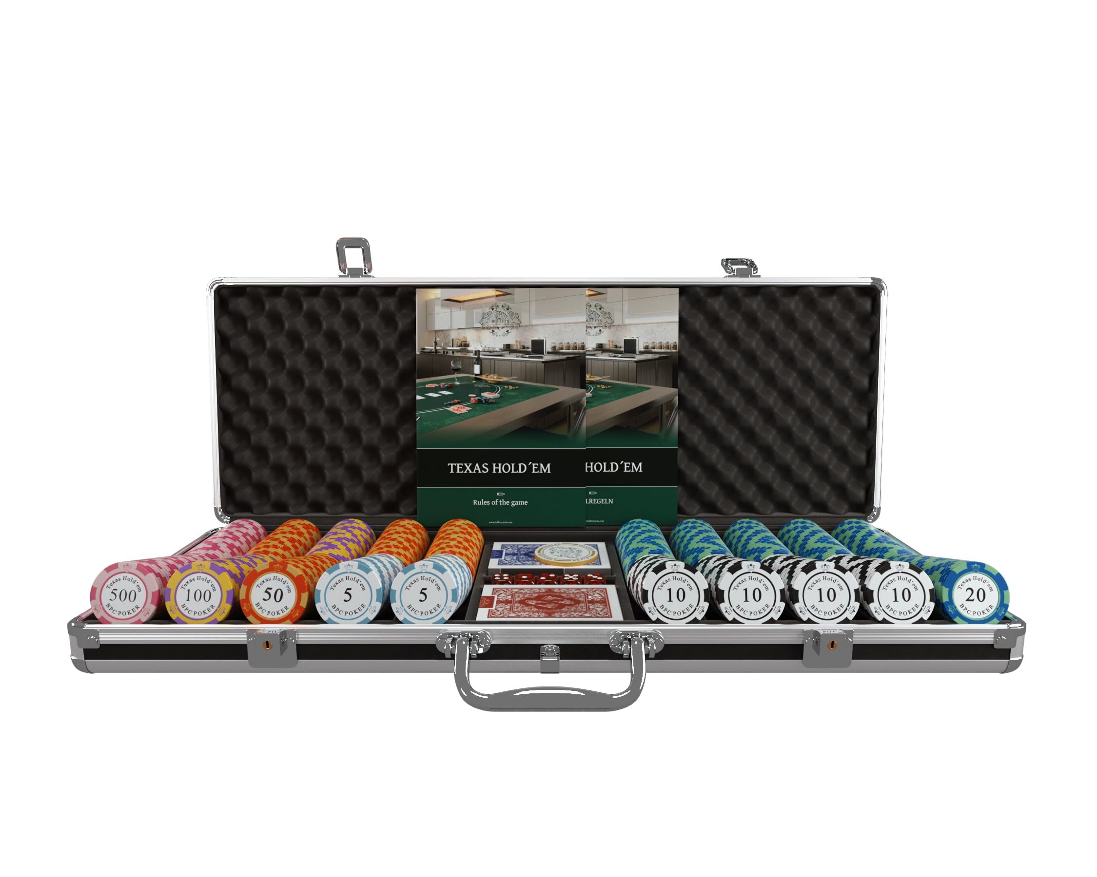 Premium 500 Clay Poker Chips Set with Cards, Dice, Dealer Button & Travel Case – Complete Texas Hold'em Kit for Casino Nights, Home Games & Poker Tournaments – Durable Carmela Style Poker Chips for Professional & Casual Play