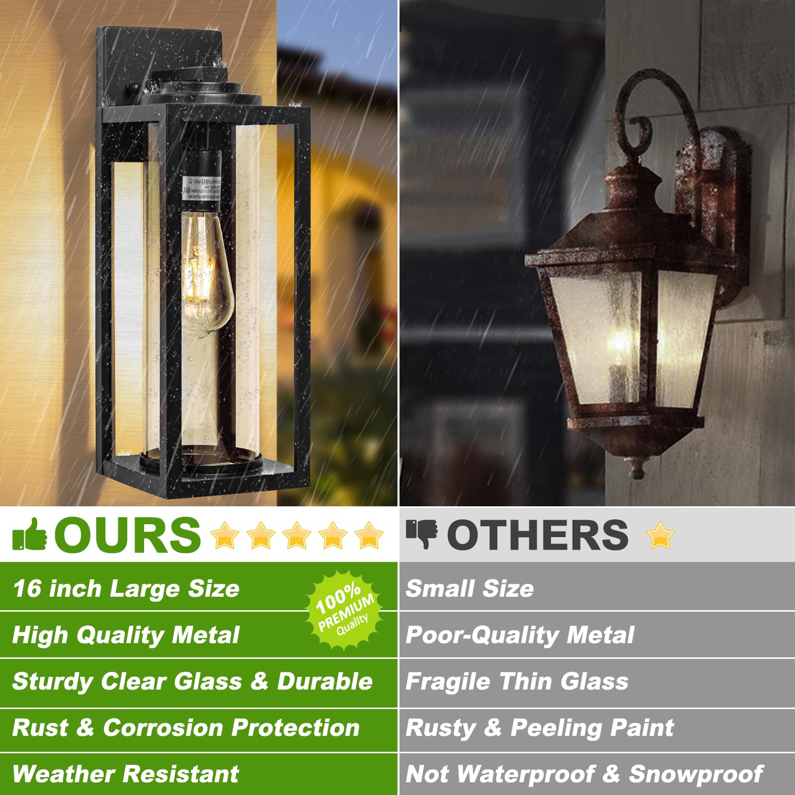 16 Inch Large Outdoor Wall Lights - 2 Pack Modern Black Exterior Light Fixtures with Clear Glass Shade, Waterproof Porch Lighting for House, Farmhouse, Garage & Front Door - Perfect for Patio, Garden & Entryway Lighting
