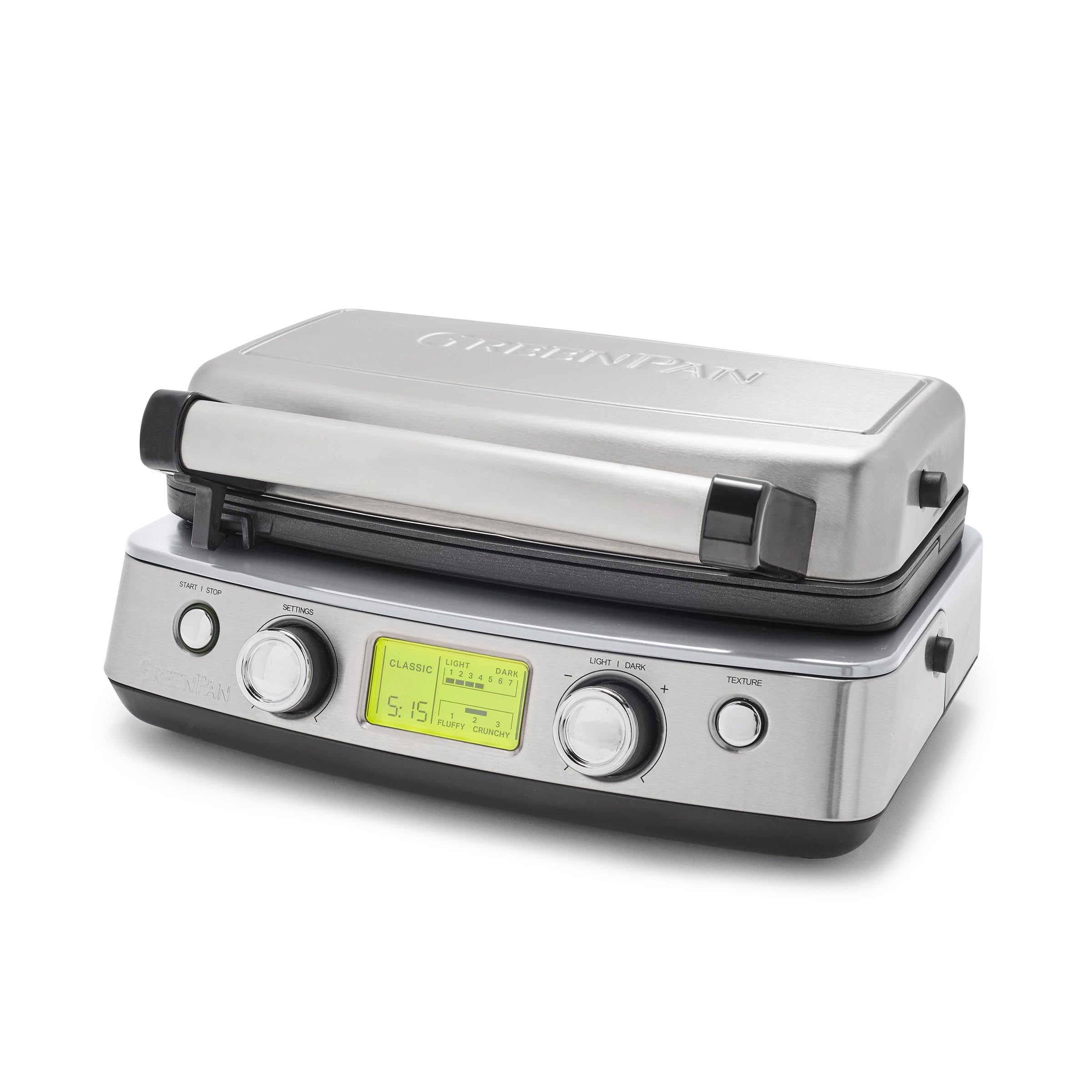 GreenPan Elite 2-Square Belgian & Classic Waffle Maker with Healthy Ceramic Nonstick Coating, Dishwasher Safe Plates, Adjustable Browning Control, Overflow Protection - Perfect for Breakfast, Brunch and Family Gatherings - Stainless Steel Design