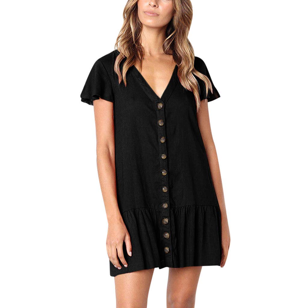 Women's Summer Boho Casual Midi Dress - V-Neck Flare Sleeve Button Down Flowy Dress for Beach, Vacation & Everyday Wear