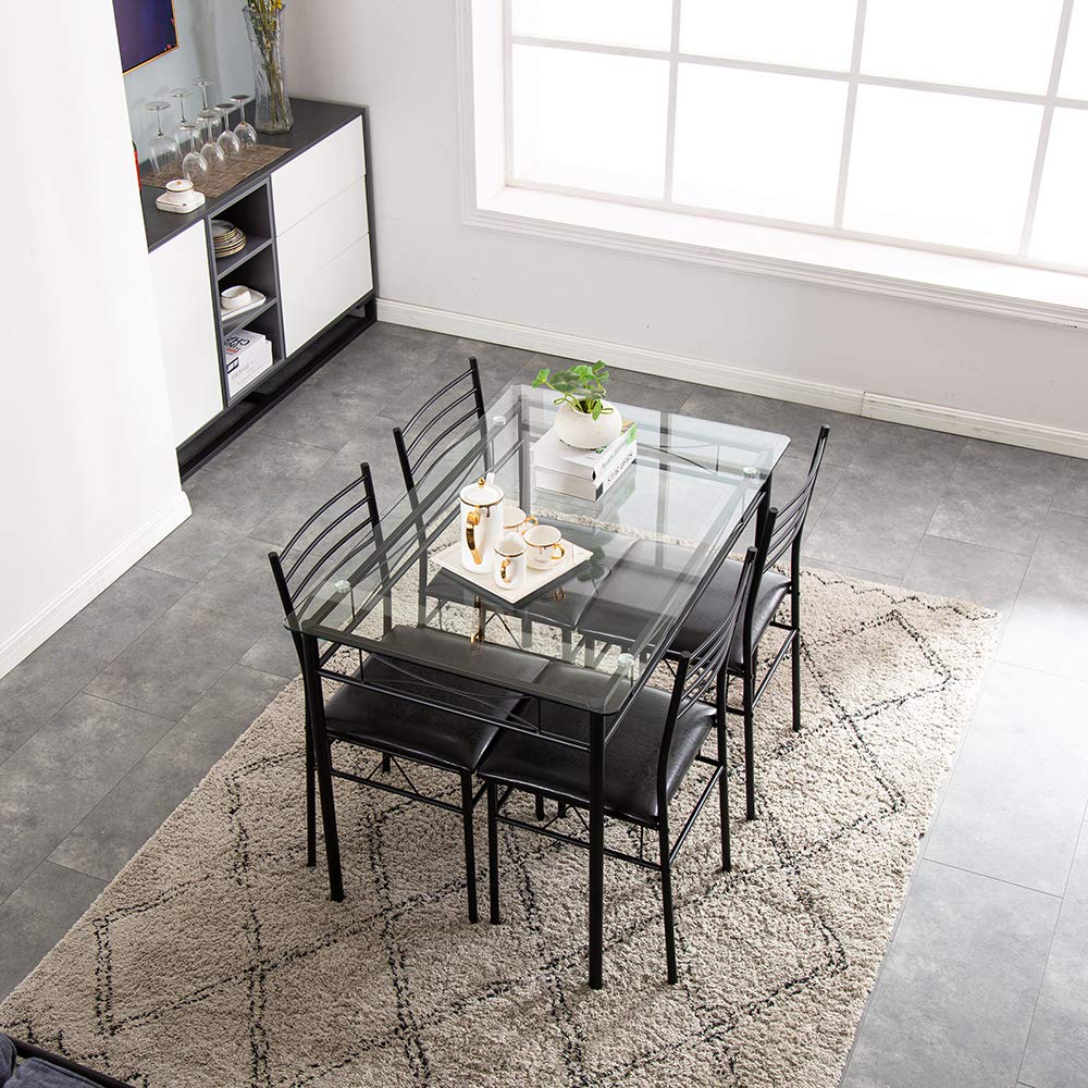 Modern Black Wrought Iron Dining Table Set with Glass Top & 4 PU Cushioned Chairs - 43.31