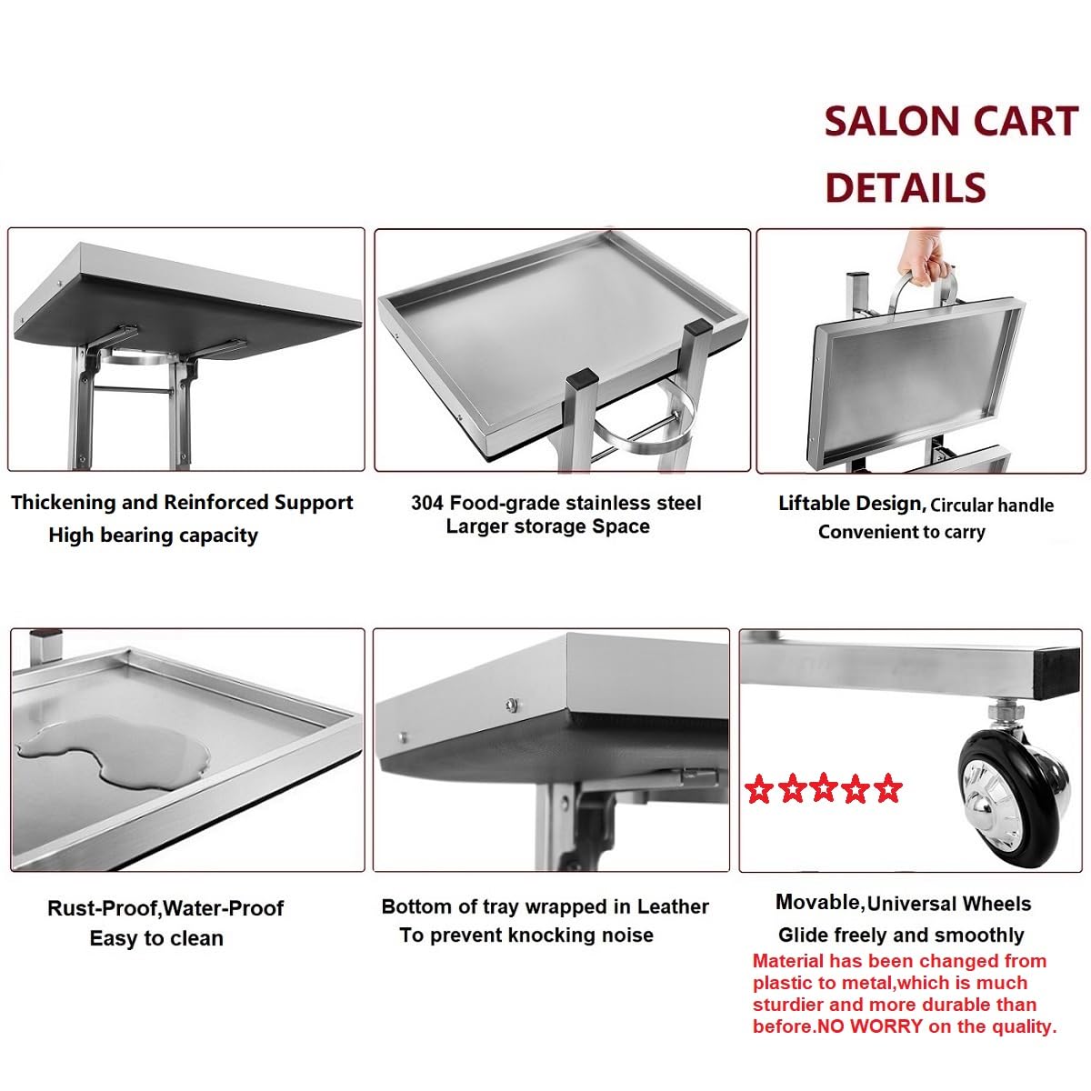 Kaleurrier Rolling Tool Cart with Double Storage Tray - Stainless Steel Utility Trolley with Wheels for Salon, Tattoo, Spa, Clinic & Home Use | Portable Beauty & Medical Instrument Stand (Silver) | Perfect for Organizing Tools in Professional Studios or Home Workspaces