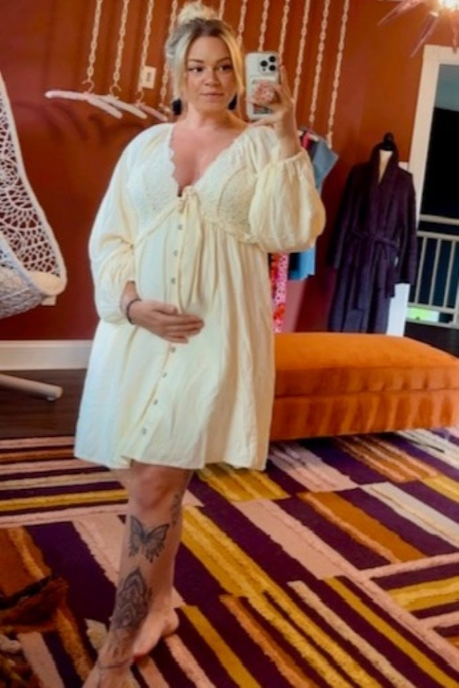 Beige Crochet Lace Button Front Maternity Dress for Pregnancy Photos, Baby Shower & Special Occasions - Comfortable Nursing Dress for Expecting Mothers