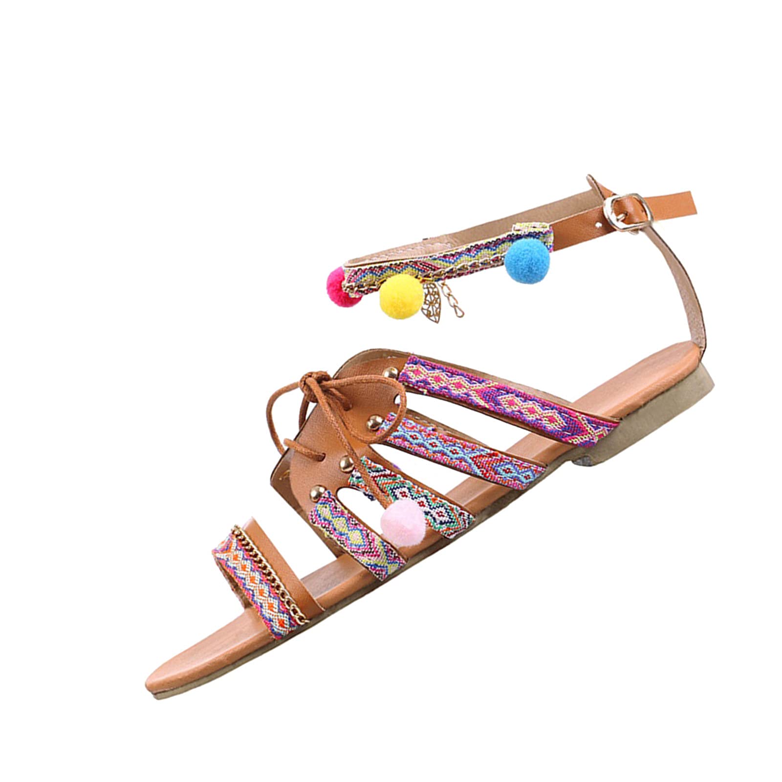 **Comfortable Plus Size Leather Sandals for Women - Summer Travel, Beach & Casual Wear - Breathable Ethnic Pompom Flat Sandals for Walking, Seaside & Vacation**