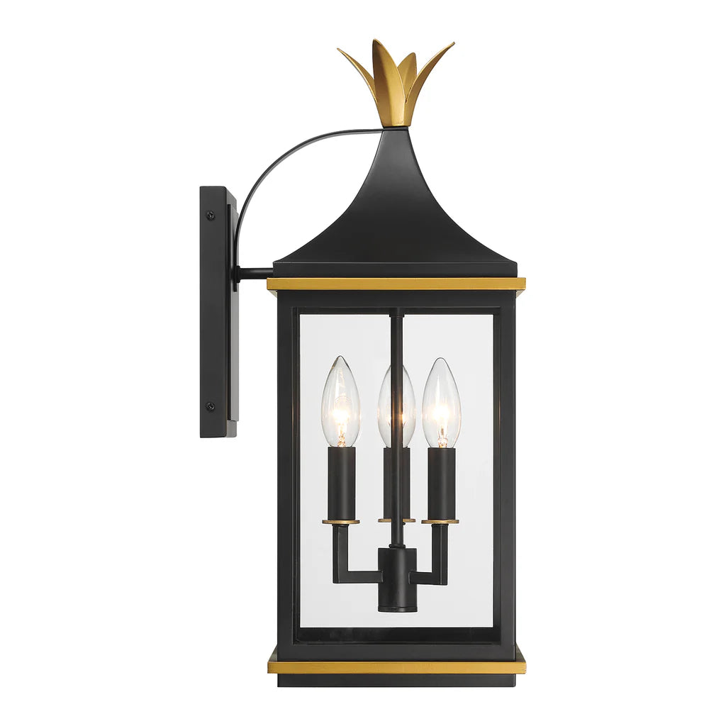 Simpson 3-Light Outdoor Wall Sconce - 8.25x19.75 Inch Matte Black Stainless Steel with Textured Gold Finish & Glass Shade - 120V E12 Candelabra Base LED Bulb Compatible - Perfect for Patio Lighting, Garden Decor, and Exterior Wall Illumination