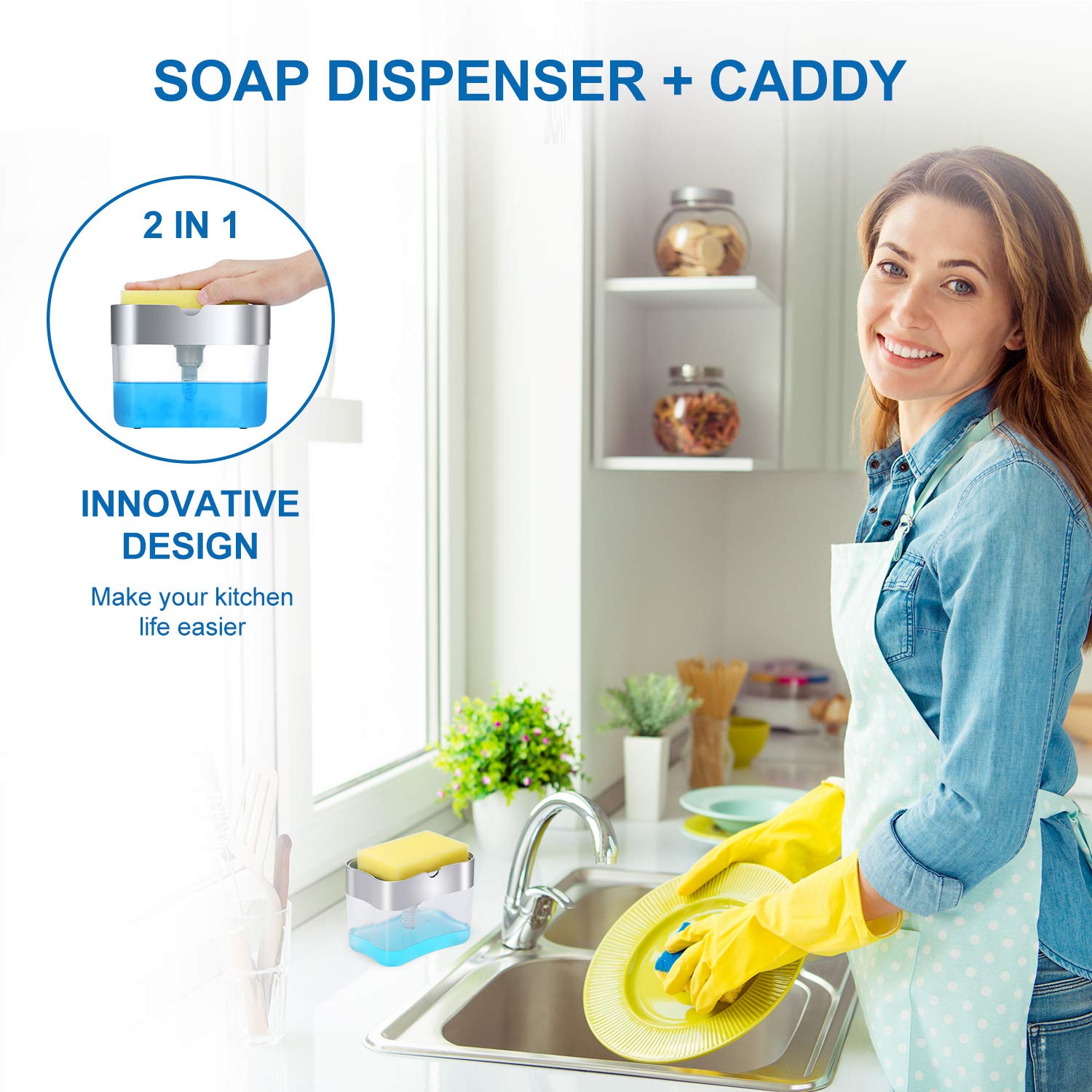 Premium 13oz Soap Dispenser for Kitchen Countertop & Sink - Automatic Dish Soap Dispenser with Sponge Holder - Touchless Hand Soap Dispenser for Home, Restaurant & Office Use