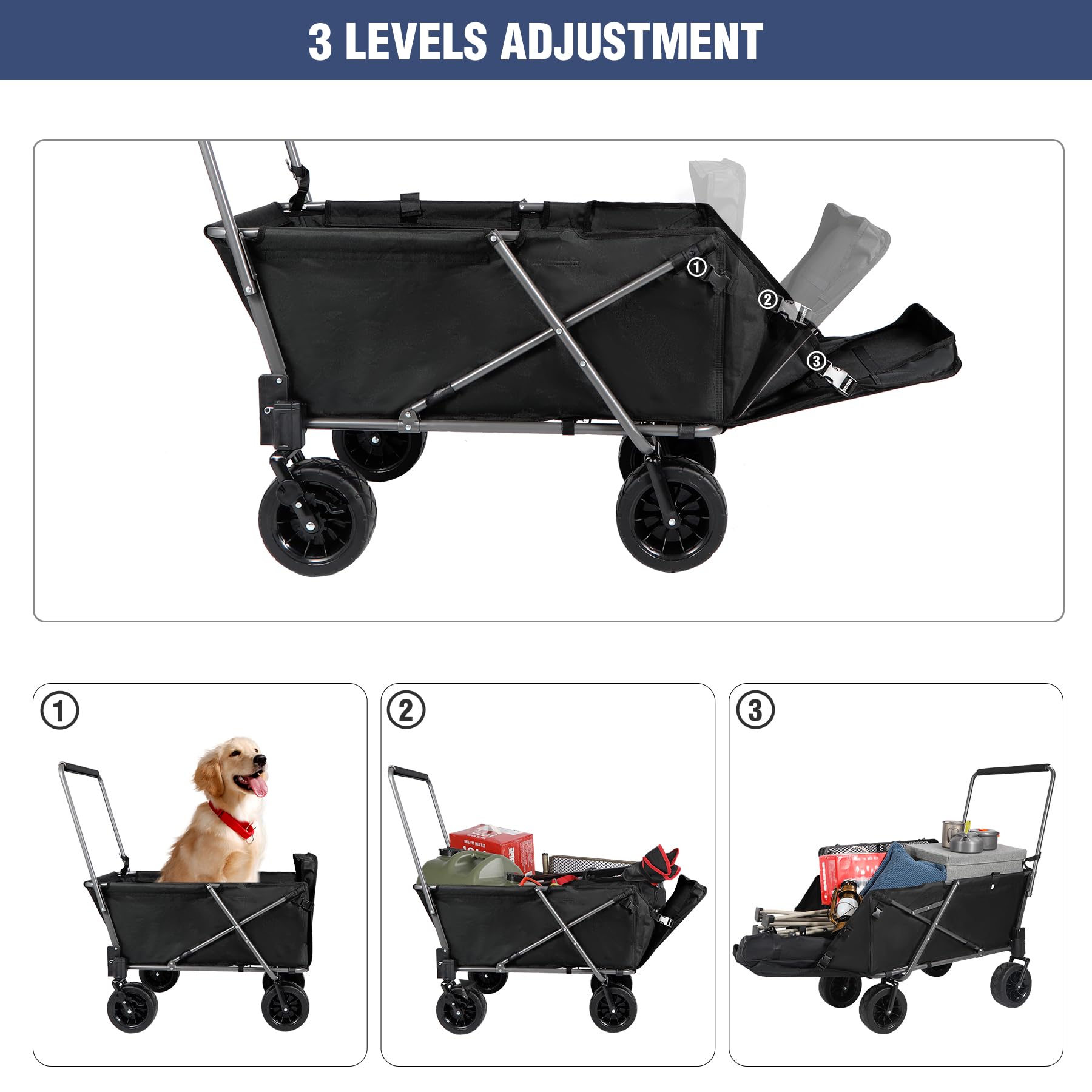 **REDCAMP Heavy Duty Folding Dog Wagon Cart - 220L Large Collapsible Utility Cart with Extendable Rear Tailgate for Pets, Sports & Shopping - Black | Perfect for Outdoor Adventures, Beach Trips & Grocery Hauling**
