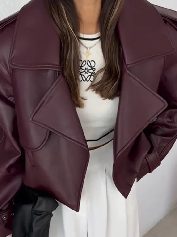 Stylish Women's Burgundy Leather Jacket with Lapel - Casual Loose Fit Long Sleeve Coat with Pockets | Autumn & Winter Outerwear for Street Fashion, Date Nights & Office Wear