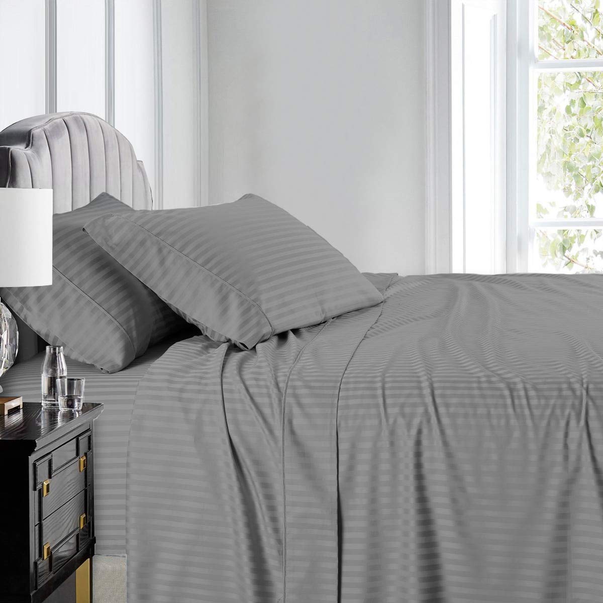 Premium 600 Thread Count 100% Cotton Split King Sheet Set - 4PC Adjustable Deep Pocket Bed Sheets - Royal Hotel Stripe Design in Gray - Perfect for Luxury Hotels, Guest Rooms & Master Bedrooms