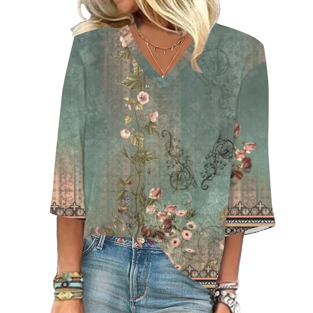 Trendy 2024 Women's V-Neck Tunic Top - 3/4 Sleeve Casual Summer Tee for Vacation & Daily Wear