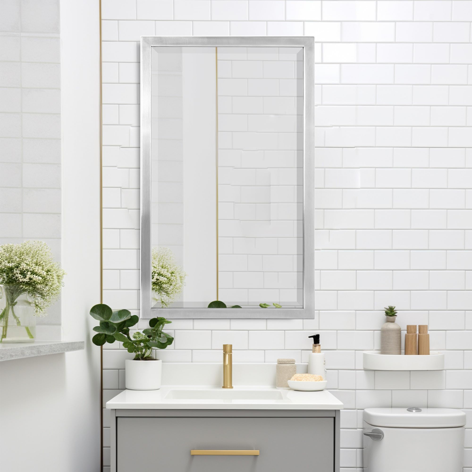 Head West Brushed Nickel Recessed Medicine Cabinet with Beveled Mirror - 16