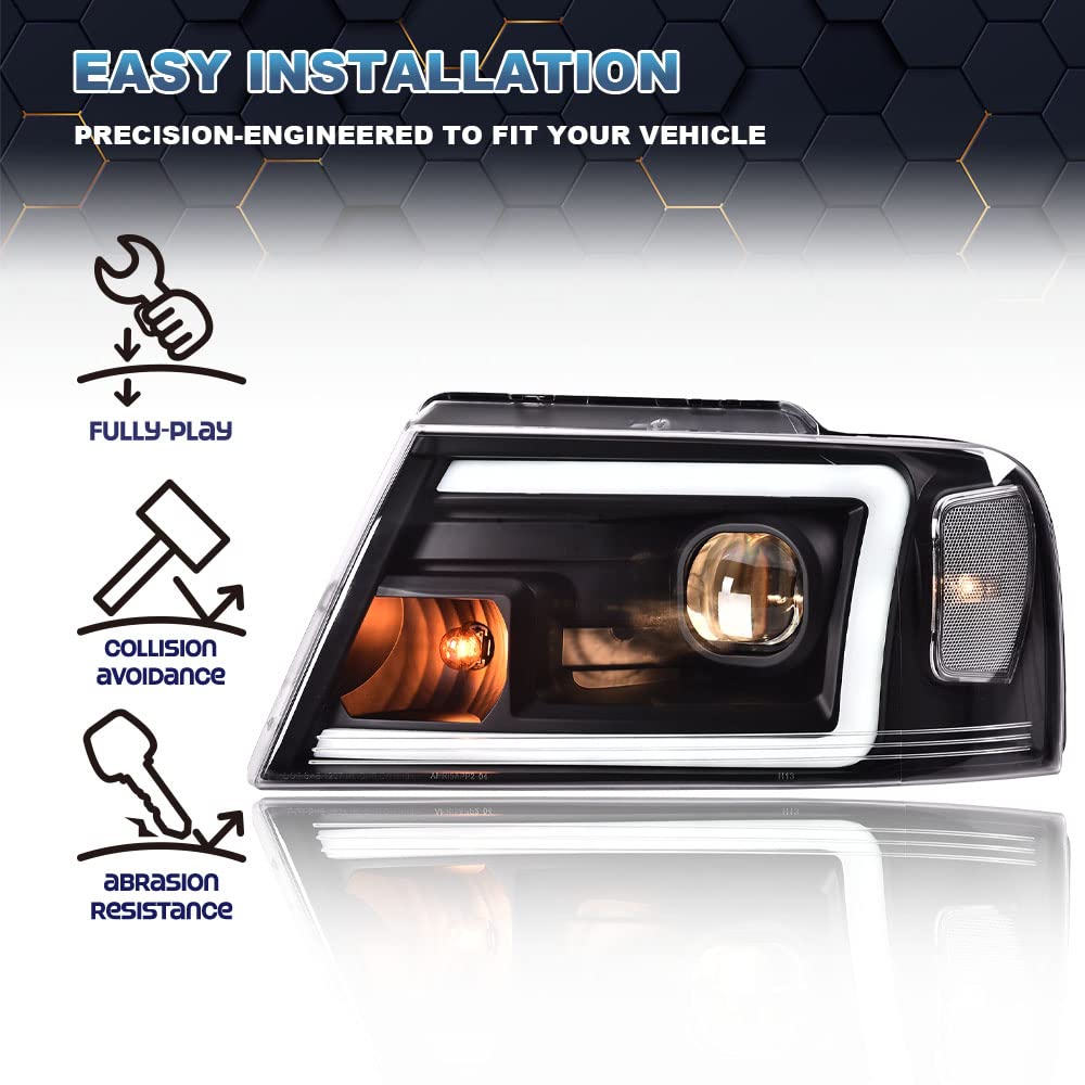 PIT66 LED DRL Headlights for 2004-2008 Ford F150 & Lincoln Mark LT - Clear Lens Black Housing - Perfect for Night Driving