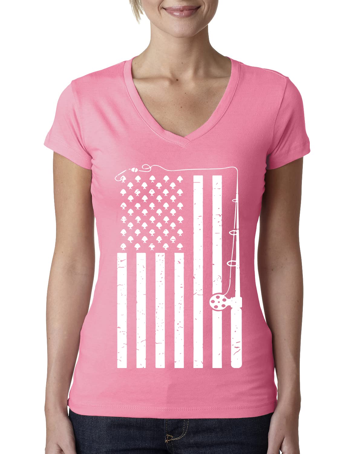 USA Flag Fishing Rod - Patriotic Fishing T-Shirt for Women & Juniors | Comfortable V-Neck Tee for Outdoor Fishing & Summer Activities