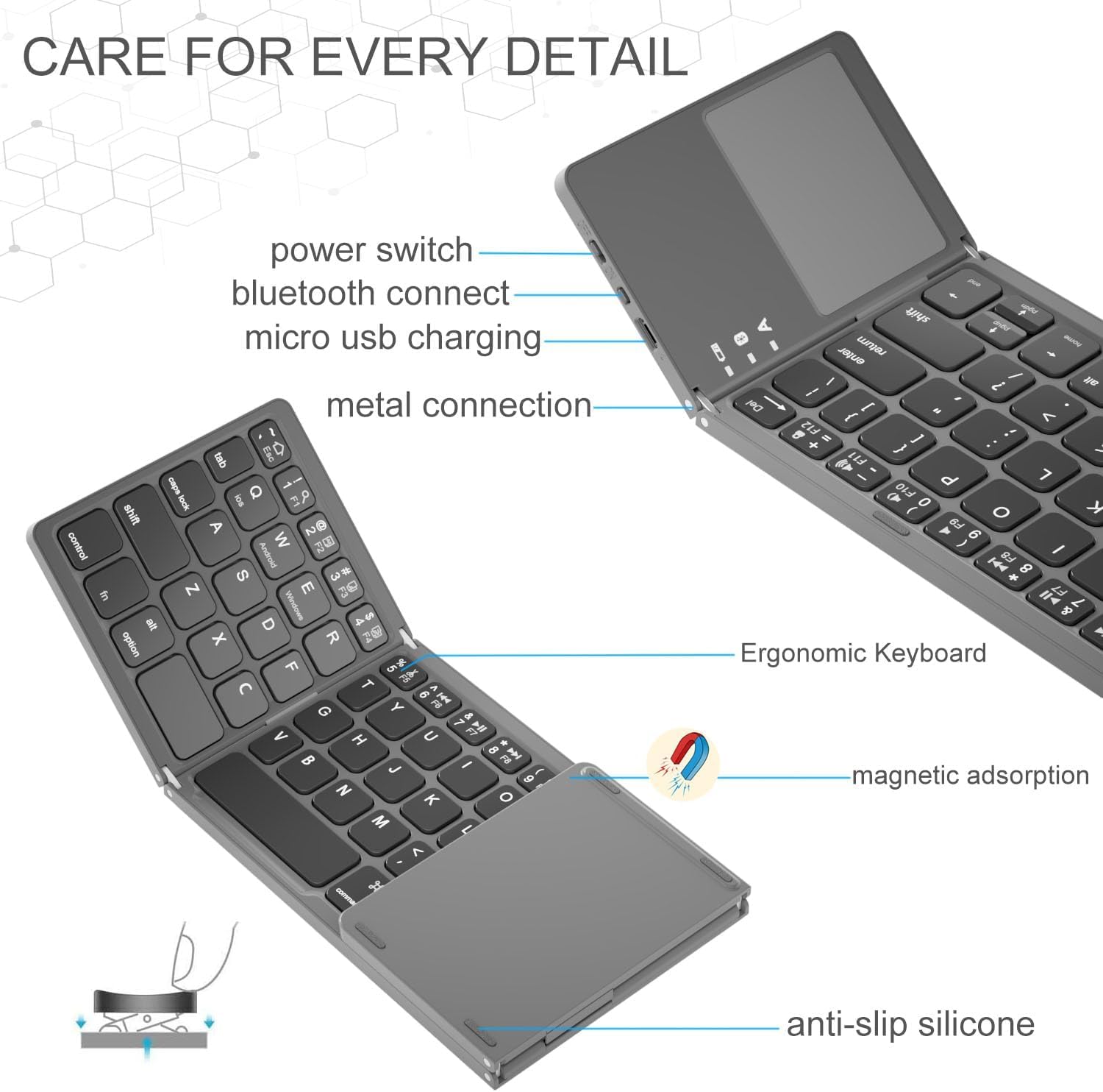 Foldable Mini Bluetooth Keyboard with Touchpad - Portable Pocket-Sized Wireless Keyboard for Android, Windows, PC, Tablet - Rechargeable Li-ion Battery - Dark Gray - Perfect for Travel, Office & Home Use
