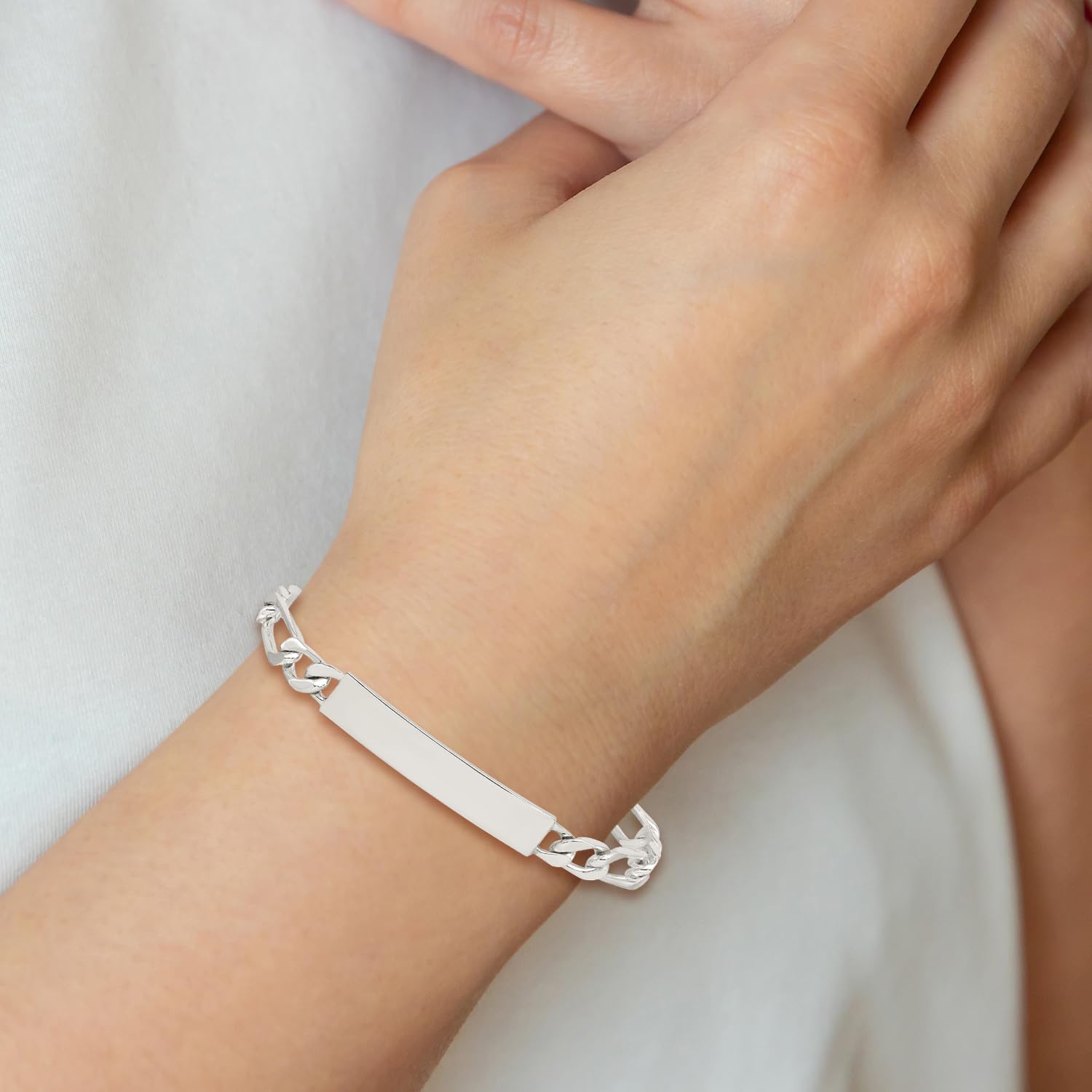 925 Sterling Silver Engraveable Figaro Link Name Bar ID Bracelet - Personalized Jewelry Gift for Women, Men, Couples | Anniversary, Birthday, Wedding, Friendship Keepsake