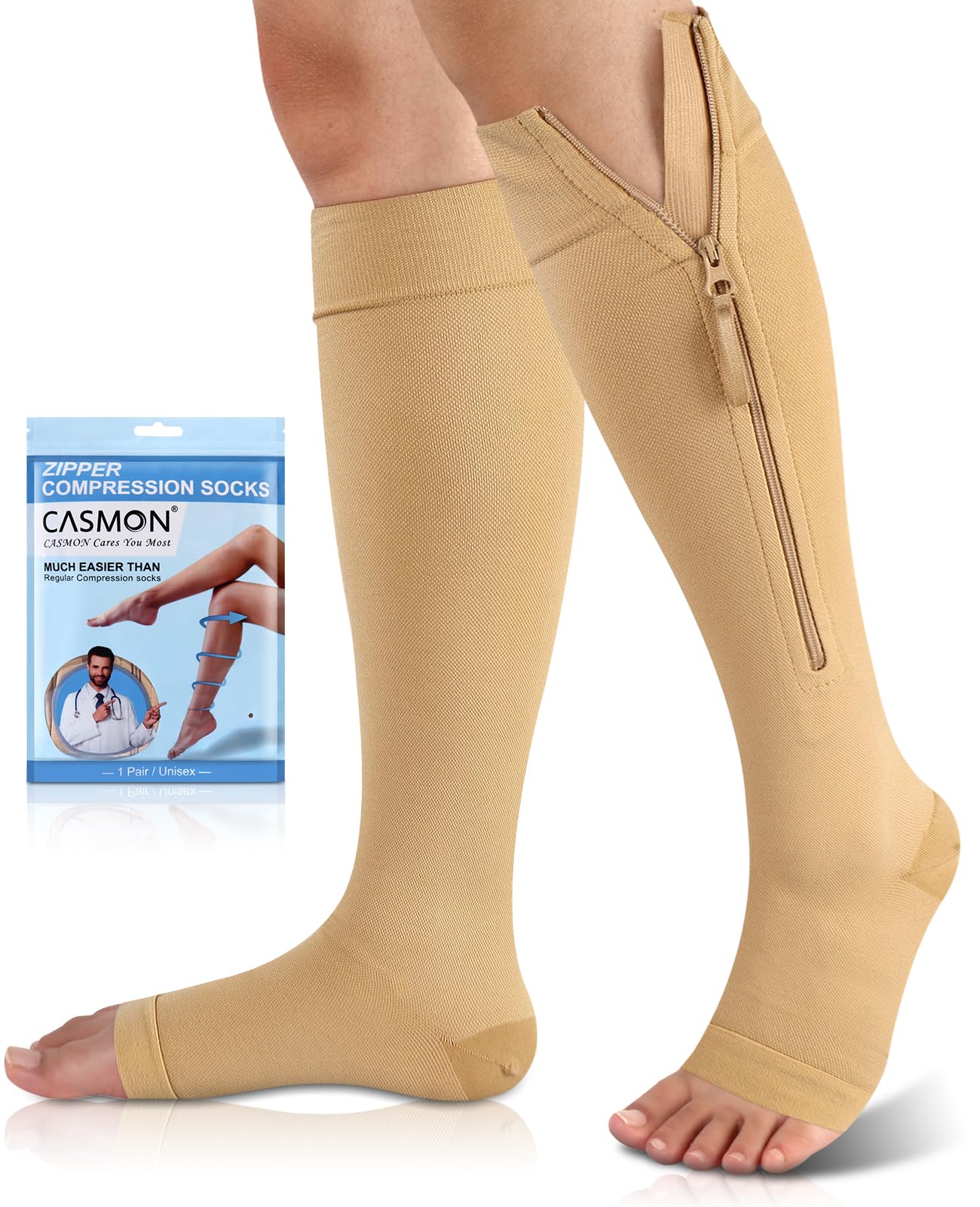 CASMON 15-20mmHg Open Toe Compression Socks for Women & Men - Knee High Medical Support Stockings for Varicose Veins, Swelling Relief, Post-Surgery Recovery - Ideal for Nurses, Pregnancy & Travel (1 Pair)