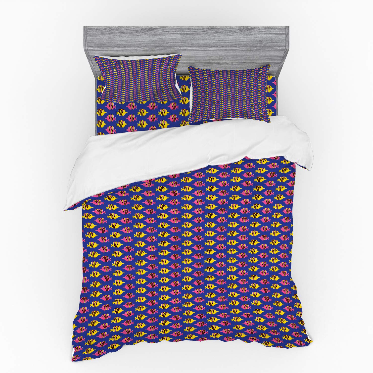 Ambesonne Queen Size 4-Piece Duvet Cover Set - Ocean Swimming Fish & Exotic Marine Creatures on Dark Lavender Backdrop, Hot Pink & Mustard Design | Includes Duvet Cover, 2 Pillow Shams & Fitted Sheet | Perfect for Beach Themed Bedrooms, Underwater Decor & Kids' Rooms