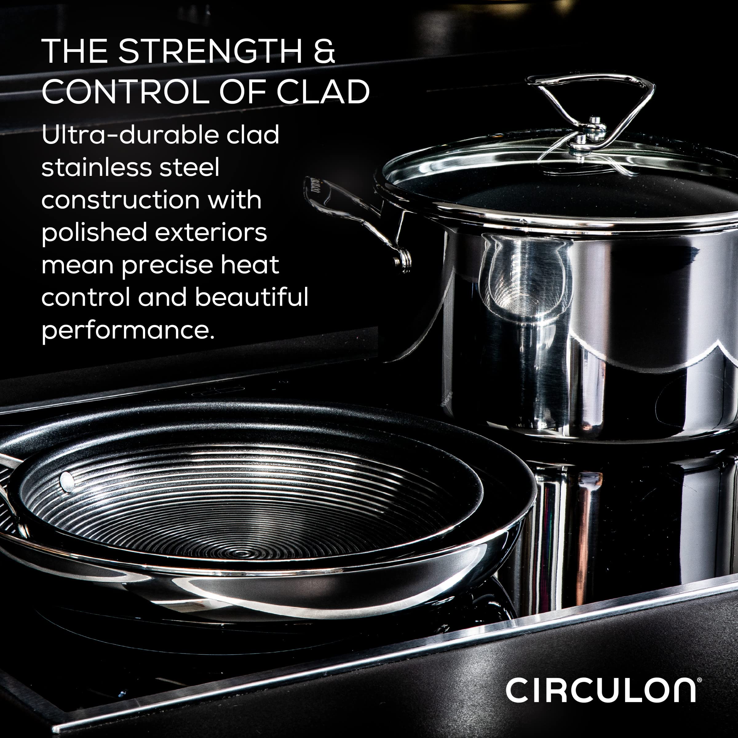 Circulon Clad Stainless Steel 11-Piece Cookware Set with Hybrid SteelShield & Nonstick Technology - Pots, Pans & Utensils in Silver - Perfect for Home Cooking, Professional Kitchens & Gift Giving