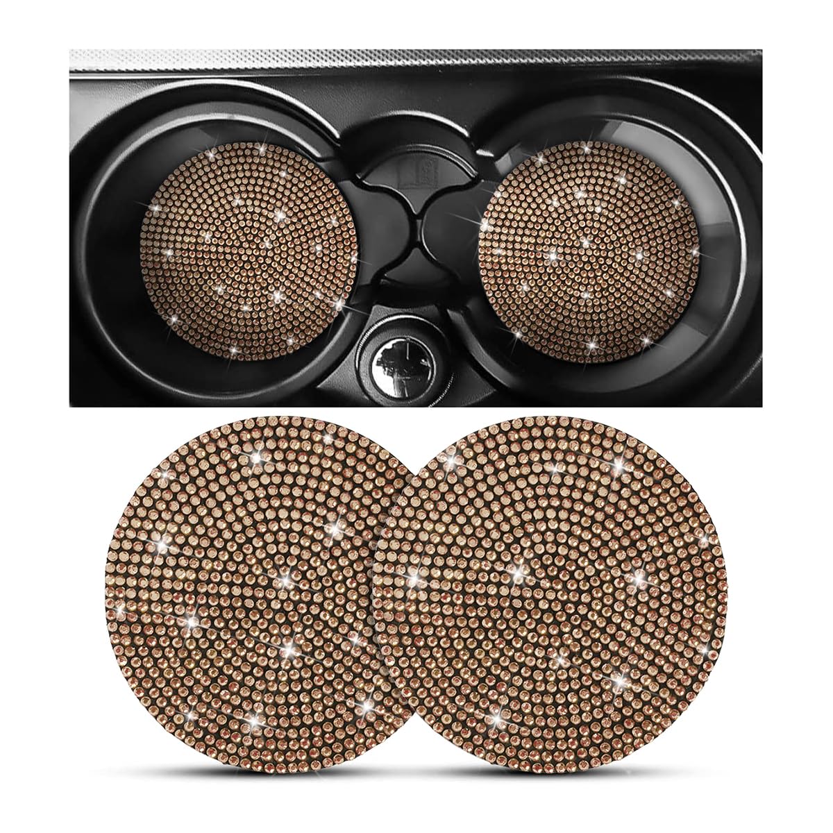 Sparkling 2-Pack Crystal Rhinestone Car Cup Holder Coasters - Anti-Slip 2.75 Inch Universal Cup Mats for Cars - Golden Luxury Car Accessories Decor & Gifts for Women - Perfect for Travel, Commuting & Road Trips