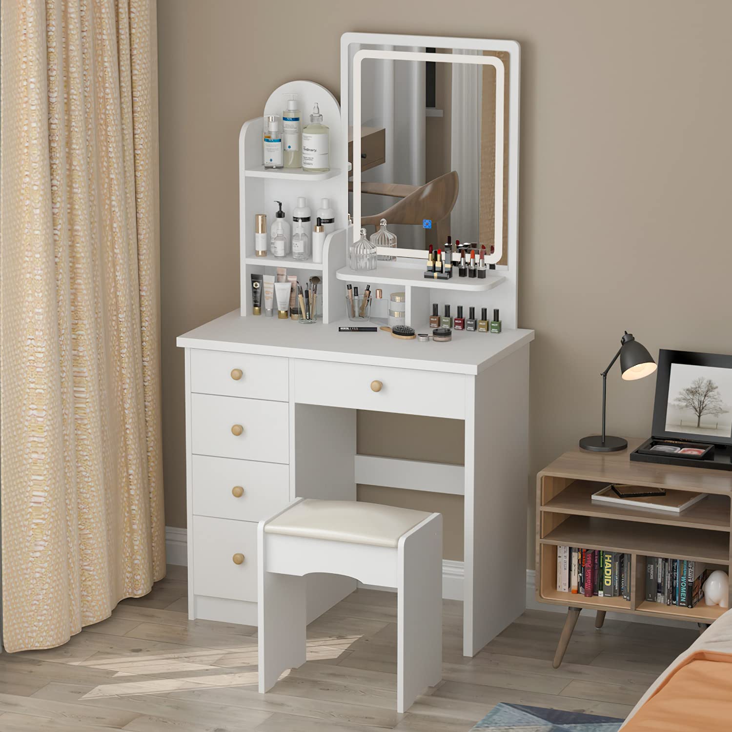 Homsee White LED Vanity Desk Set with Lighted Mirror - 5-Drawer Makeup Dressing Table with Storage Shelves & Cushioned Stool (31.5”L x 15.7”W x 55.1”H) - Perfect for Bedroom, Bathroom & Beauty Salon Makeup Organization