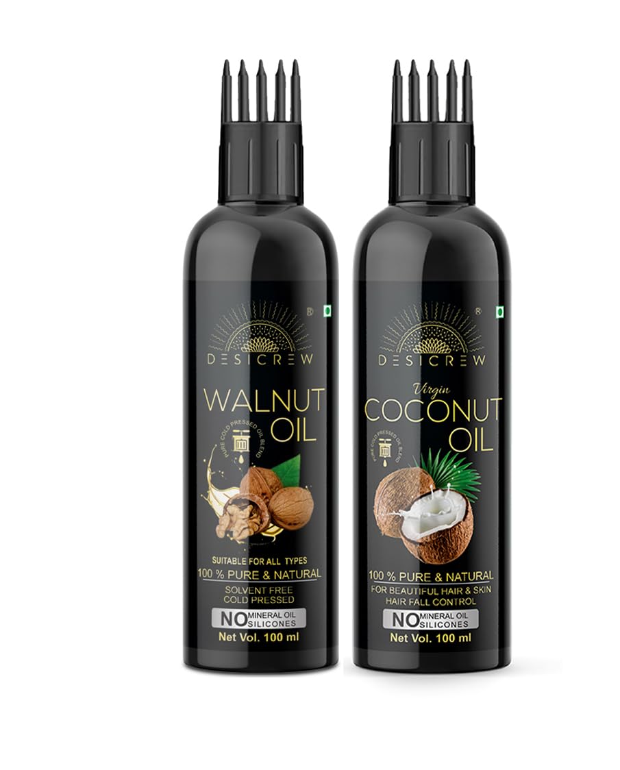 Pure Walnut & Coconut Cold Pressed Hair Oil with Applicator - 2 Pack (100ml x 2) for Skin, Body & Hair Care | Natural Moisturizer for Dry Scalp, Split Ends & Nourishment | Perfect for Daily Hair Treatment & Massage