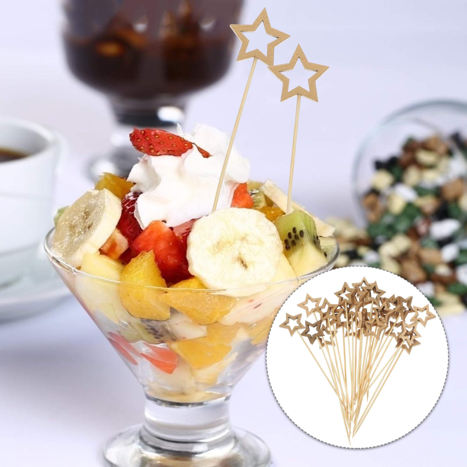50pcs Christmas Star Wooden Cocktail Picks - Bamboo Appetizer Toothpicks for Holiday Parties, Fruit Skewers & Festive Drinks - Perfect for Christmas Decorations, Cocktail Garnishes & Dessert Presentations