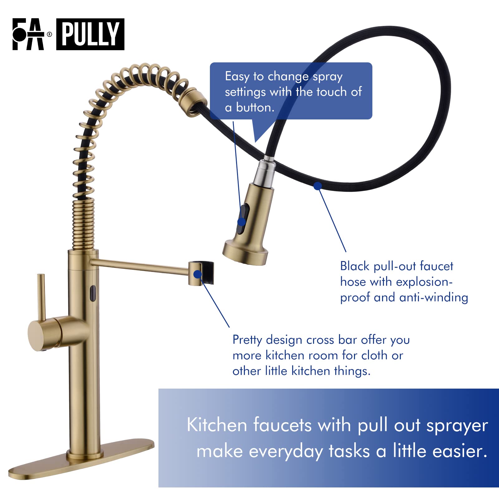 Fapully Touchless Kitchen Faucet with Pull Down Sprayer, Brushed Gold Motion Sensor Smart Single Handle Faucet for Kitchen Sink - Ideal for Modern Homes and Commercial Use