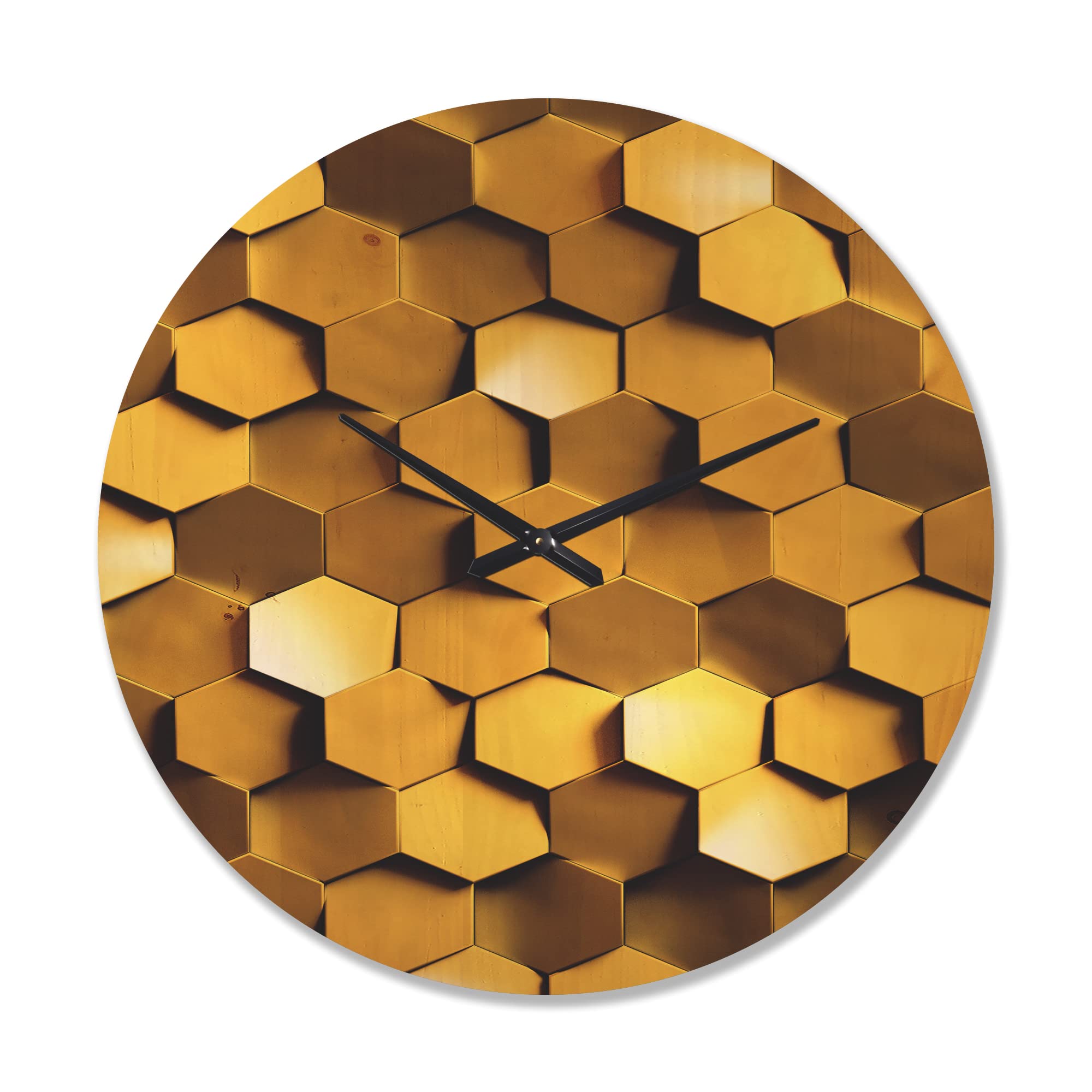 DesignQ Golden Honeycomb Texture Wall Clock - Large Modern Wooden Wall Clock with Unique Honeycomb Pattern, Oversized Decorative Clock for Living Room, Bedroom & Office Décor | Perfect for Home, Office & Gift Giving