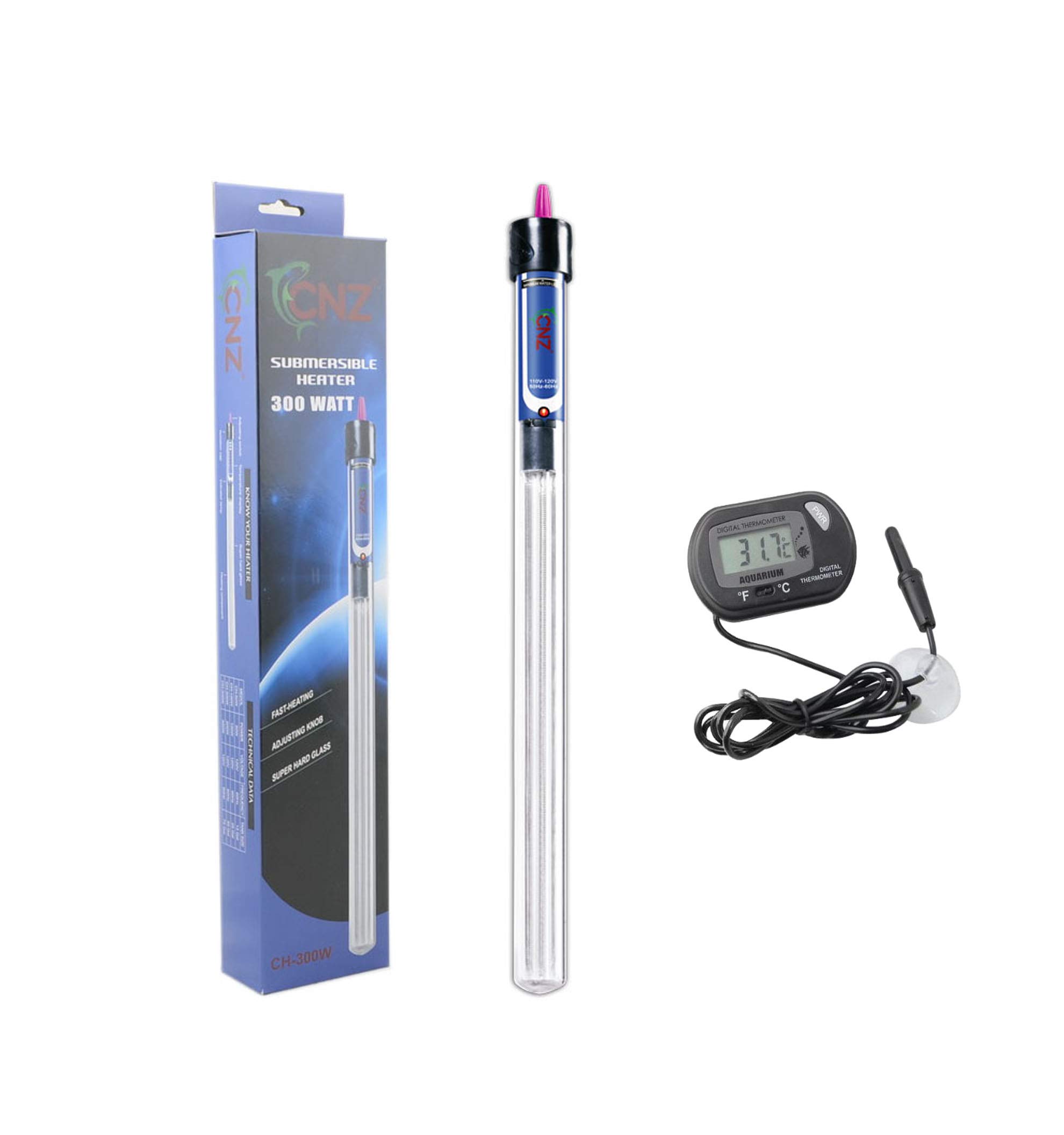 CNZ 300W Submersible Aquarium Heater with Digital Thermometer - Quartz Glass Fish Tank Heater for Freshwater & Saltwater Tanks - Perfect for Tropical Fish, Turtles, and Aquatic Plants