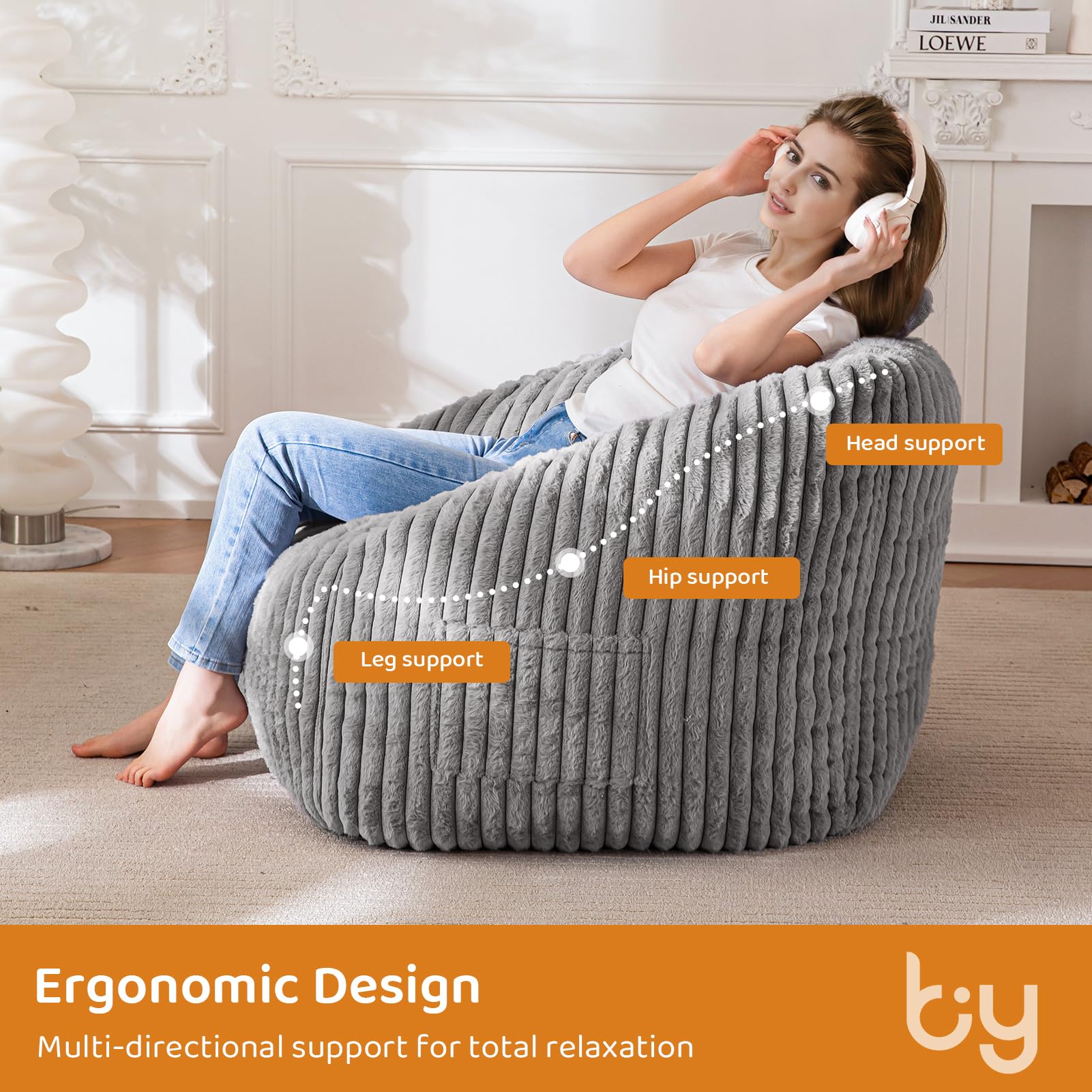MAXYOYO Bean Bag Chair with Handle & Pocket - Soft Floor Sofa for Living Room, Bedroom, Dorm - Comfortable Grey Lounge Chair for Relaxing, Reading & Gaming