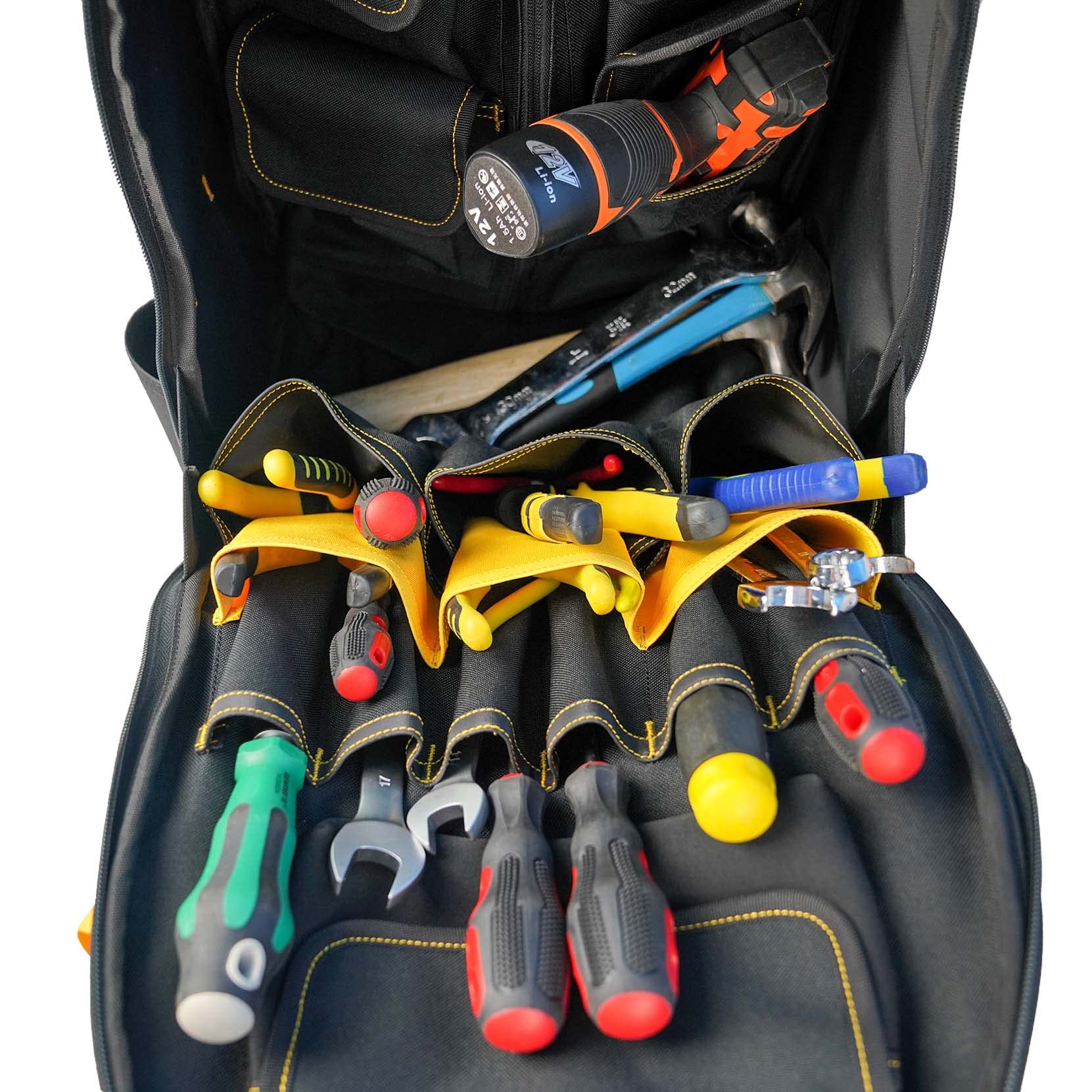 MELOTOUGH Heavy Duty Rolling Tool Bag with Wheels - Durable Tool Backpack Organizer for Electricians, Carpenters, HVAC Technicians & Welders (Yellow) - Perfect for Job Sites, Construction Work & Professional Tool Storage