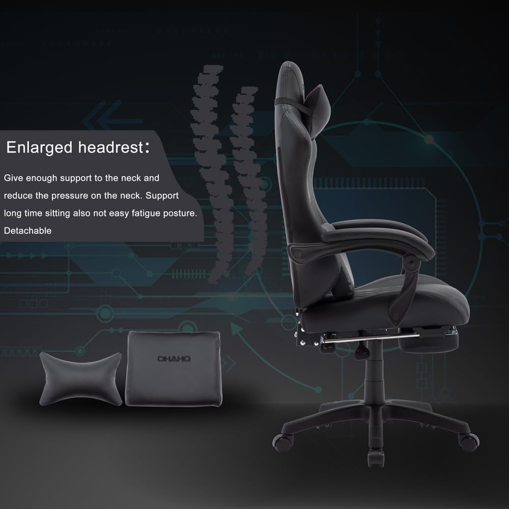 OHAHO Ergonomic Gaming Chair with Adjustable Lumbar Support & Footrest - 360° Swivel Height-Adjustable Office Computer Chair with Headrest for PC Gamers & Home Office (Black) - Perfect for Long Gaming Sessions & Remote Work Comfort