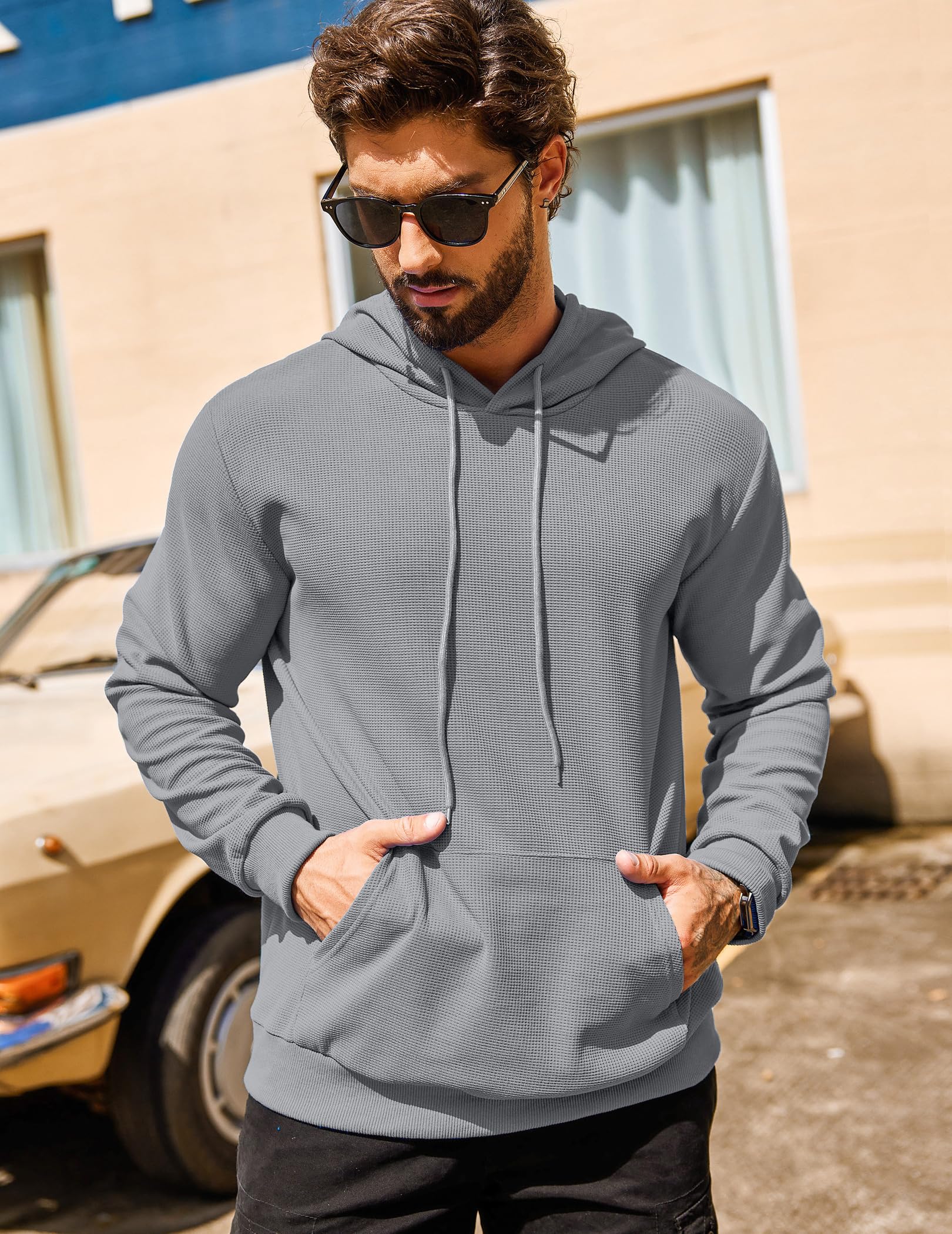 COOFANDY Men's Long Sleeve Hooded Sweatshirt - Soft Waffle Knit Pullover Hoodie with Front Pocket | Casual Streetwear for Fall & Winter | Perfect for Outdoor Activities, Gym, and Everyday Wear