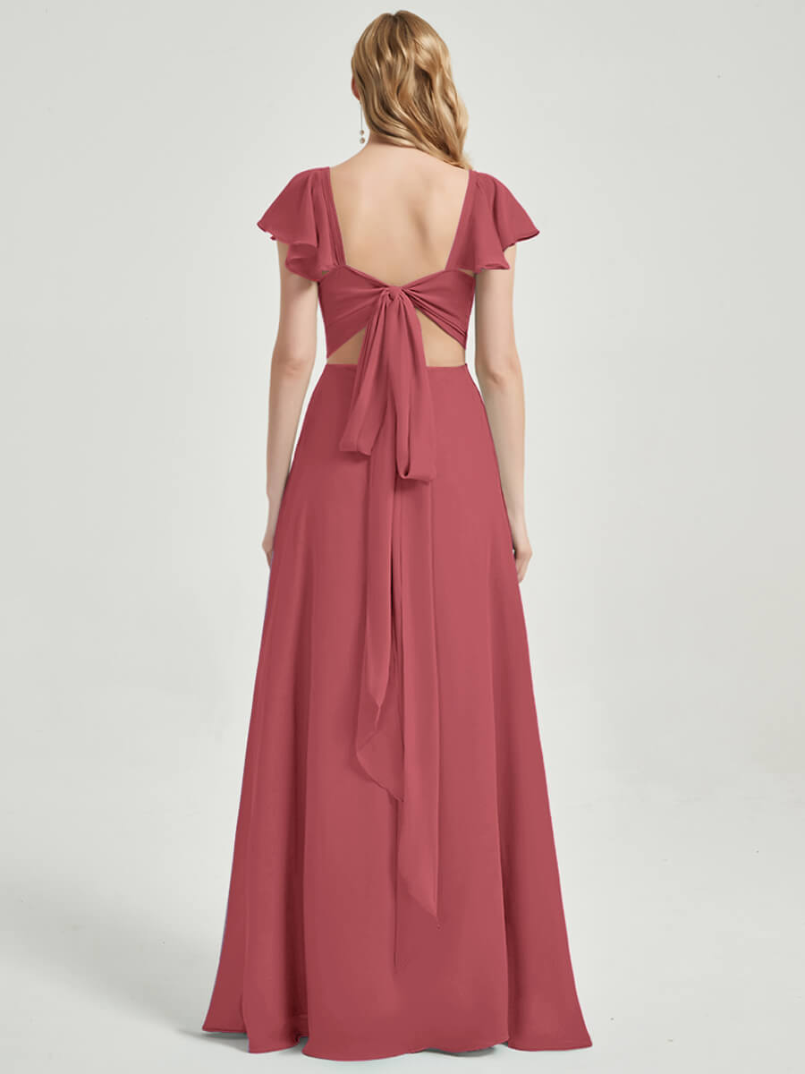 Elegant Desert Rose Ruffle Cap Sleeve Maxi Chiffon Bridesmaid Dress with High Slit - Perfect for Weddings, Formal Events & Evening Parties